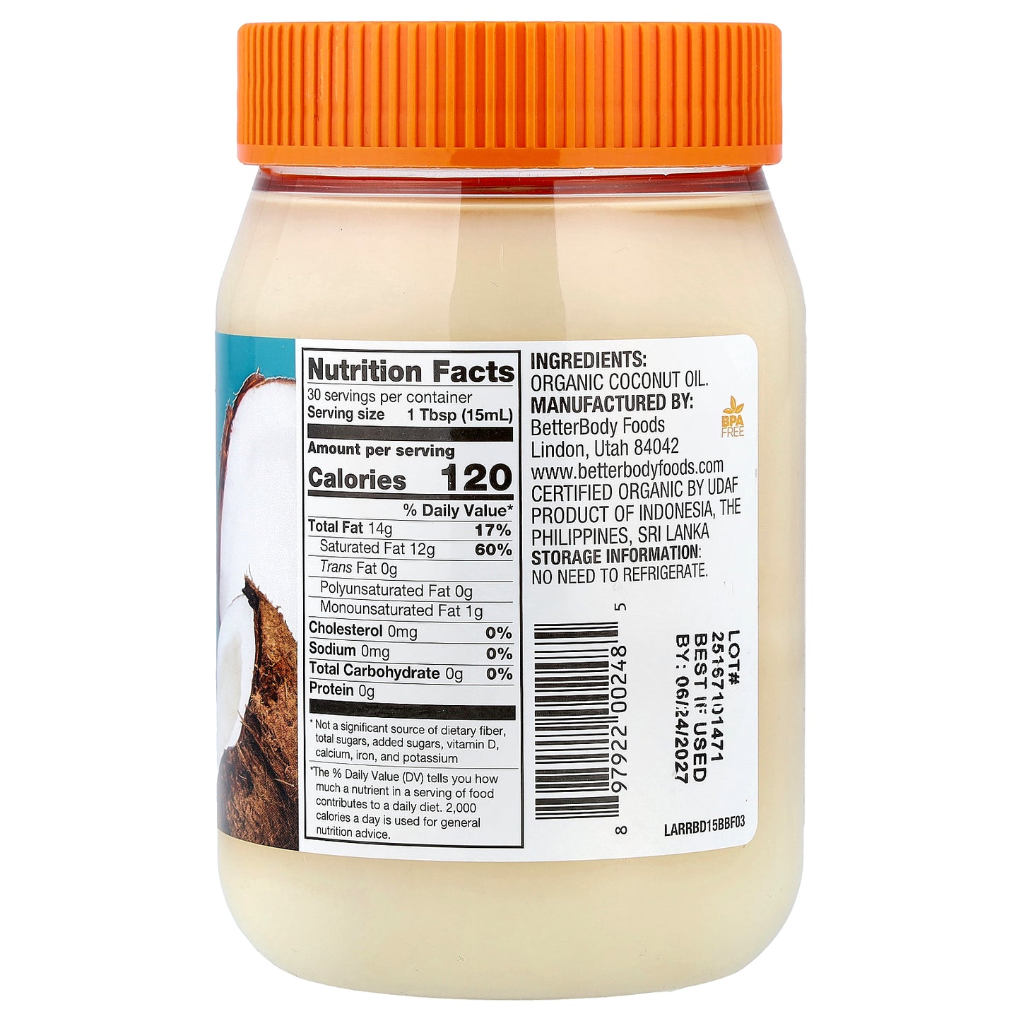 BetterBody Foods, Refined Organic Coconut Oil, 15.5 fl oz (458 ml)