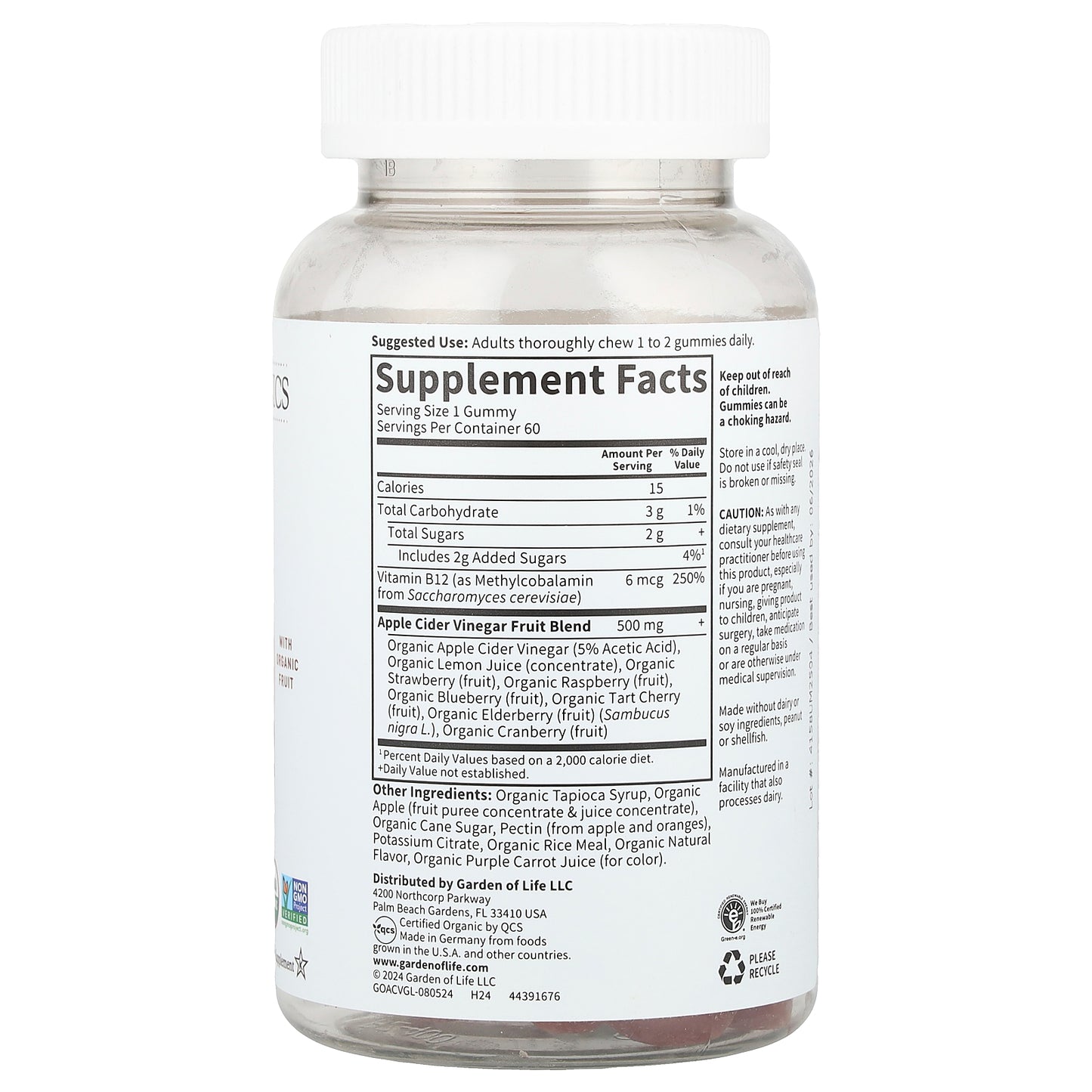 Garden of Life, Organic Apple Cider Vinegar Gummies, 60 Vegan Gummies