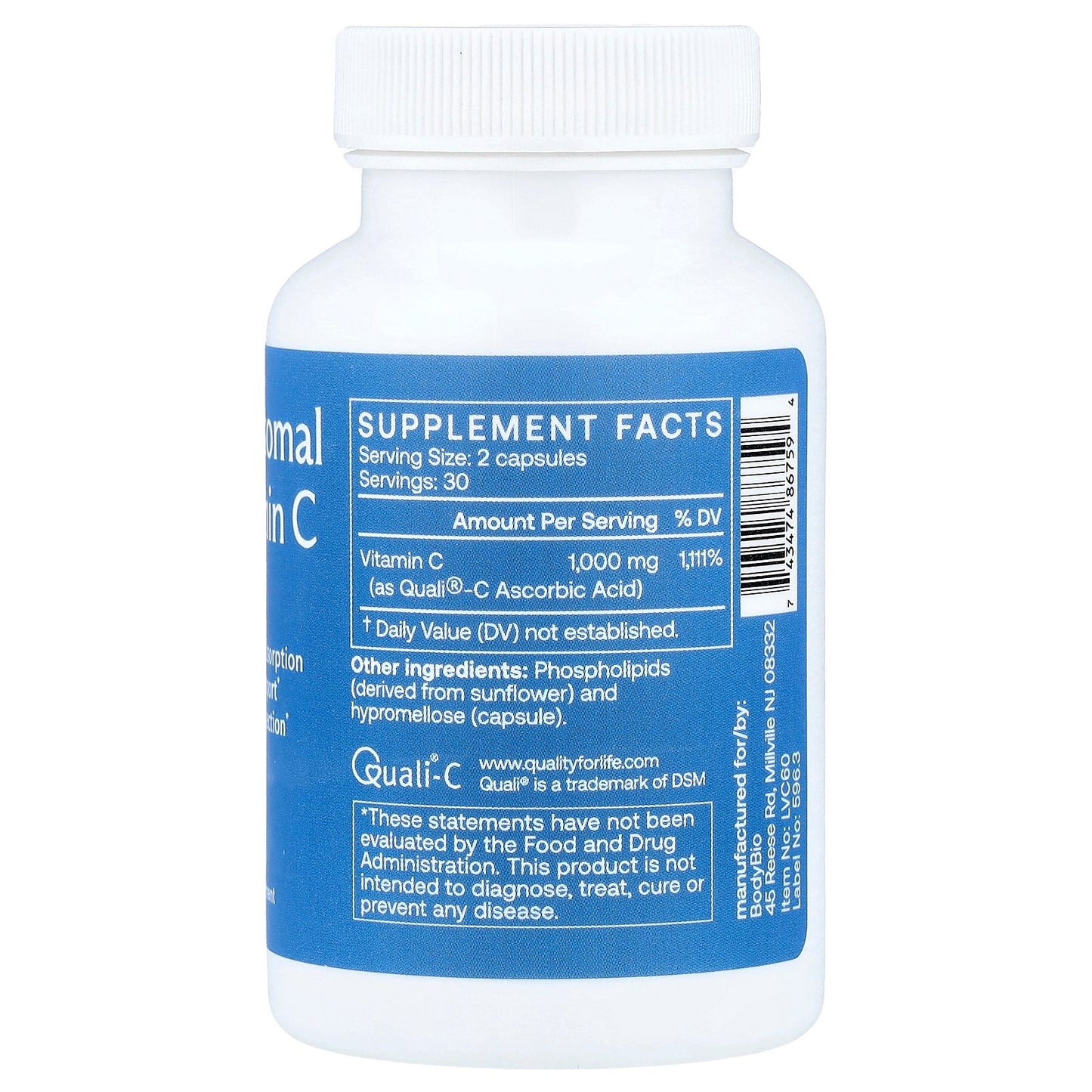 BodyBio, Liposomal Vitamin C, 60 Capsules (500 mg per Capsule)