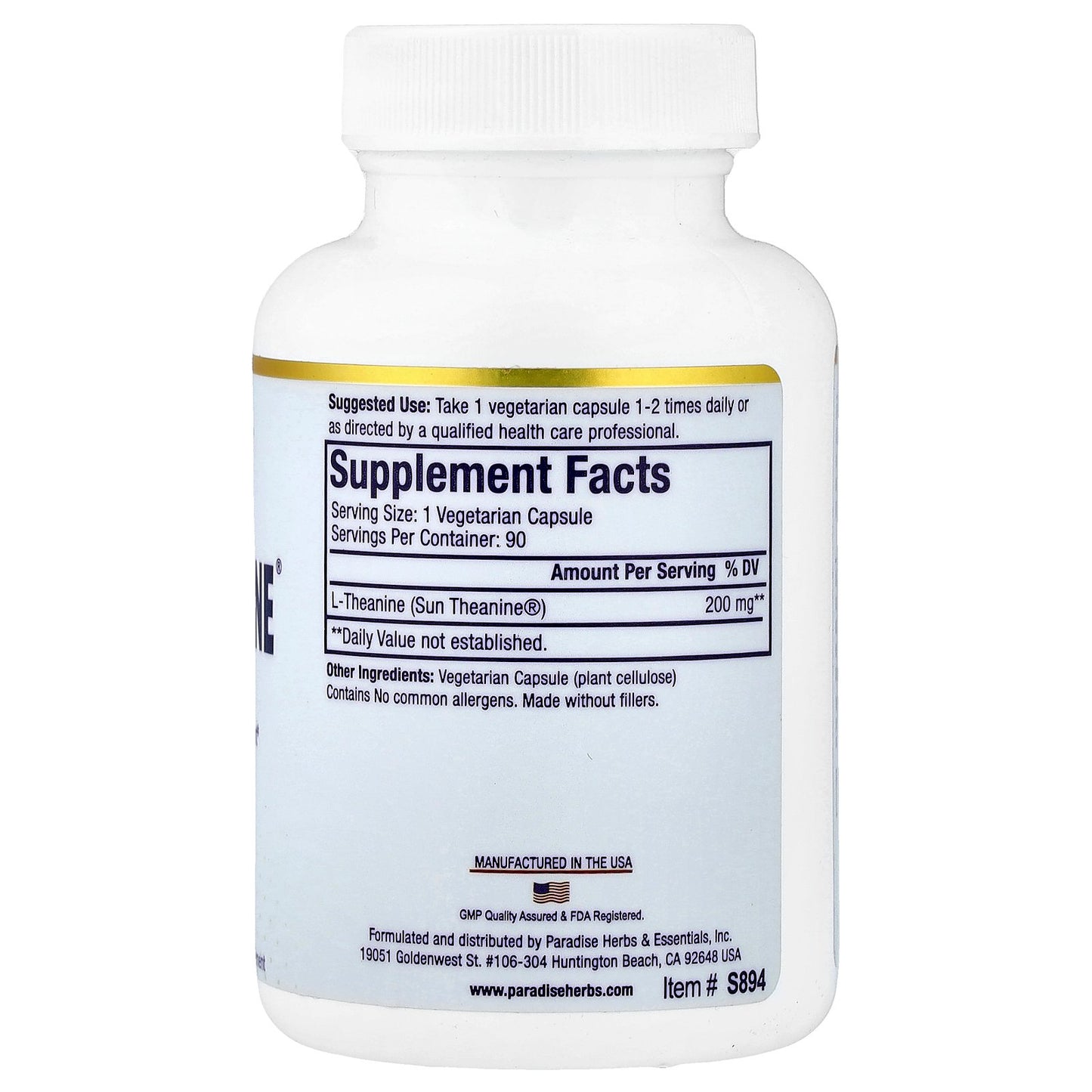 Paradise Herbs, Sun Theanine®, 90 Vegetarian Capsules (200 mg per Capsule)