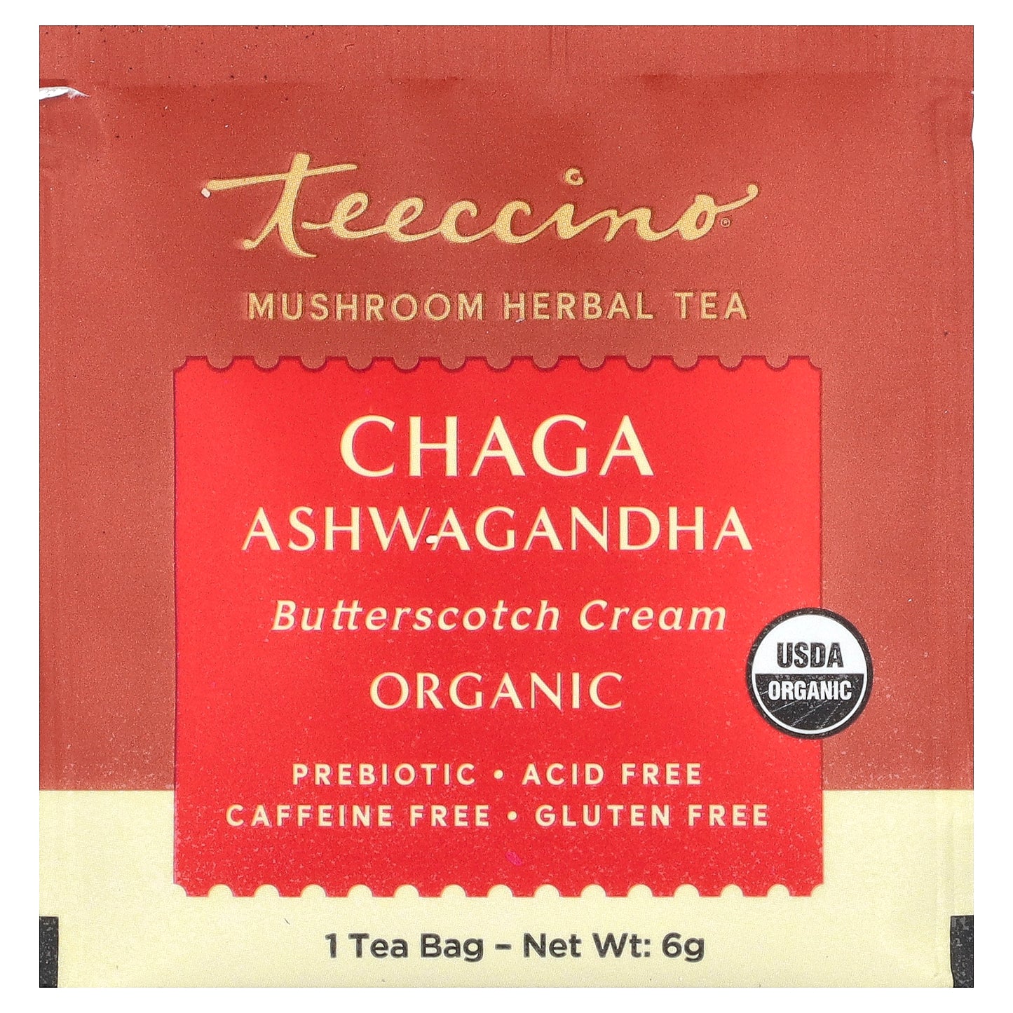 Teeccino, Organic Mushroom Herbal Tea, Chaga Ashwagandha, Butterscotch Cream, Caffeine Free, 10 Tea Bags, 2.12 oz (60 g)
