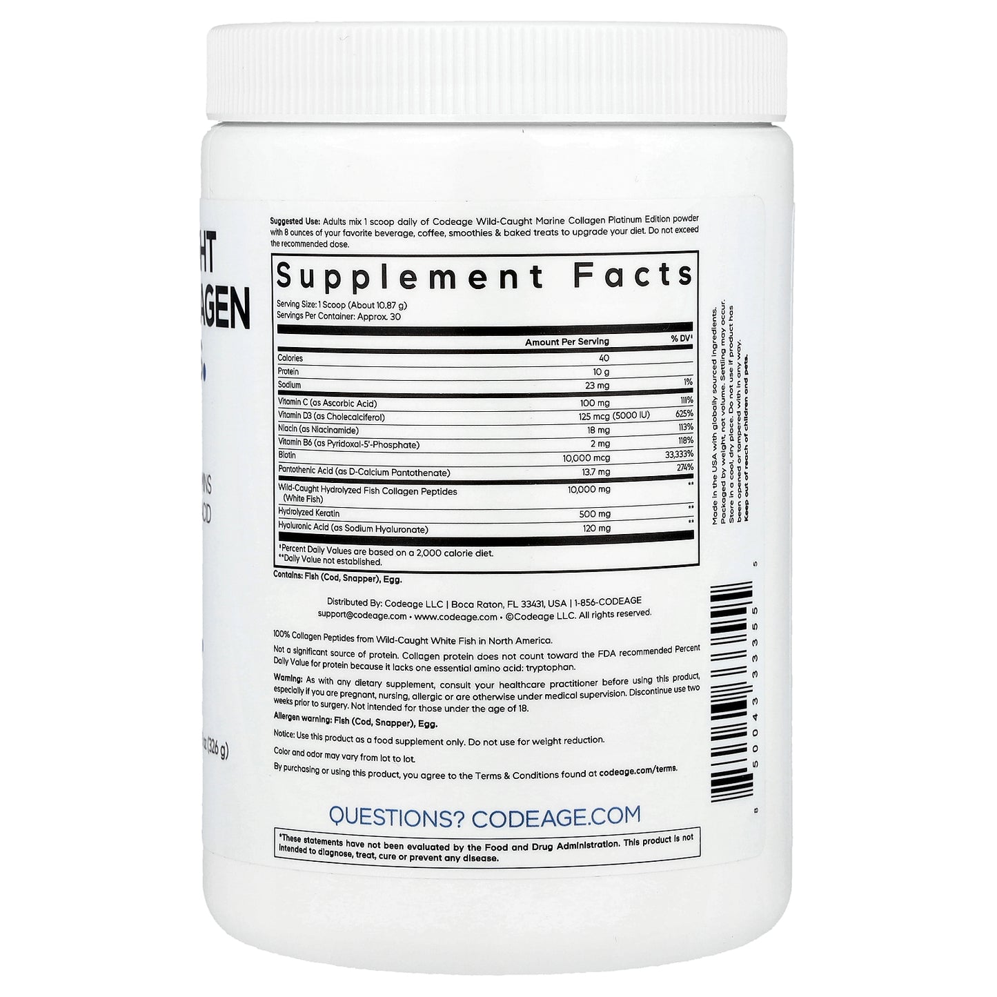 Codeage, Wild-Caught Marine Collagen Peptides Powder, Platinum, Unflavored, 11.5 oz (326 g)