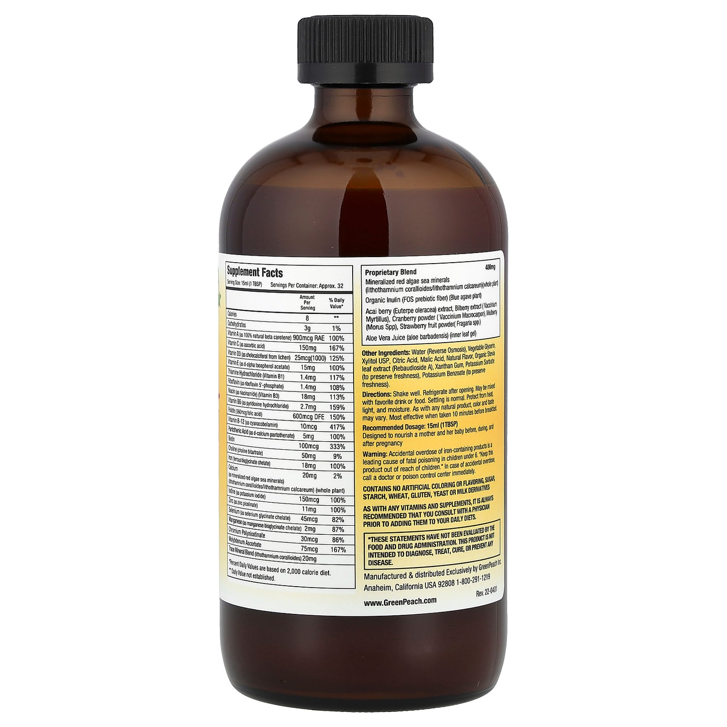 GreenPeach, Pre-Natal, Whole Food Nutrient, Natural Fruit, 16 fl oz (473 ml)