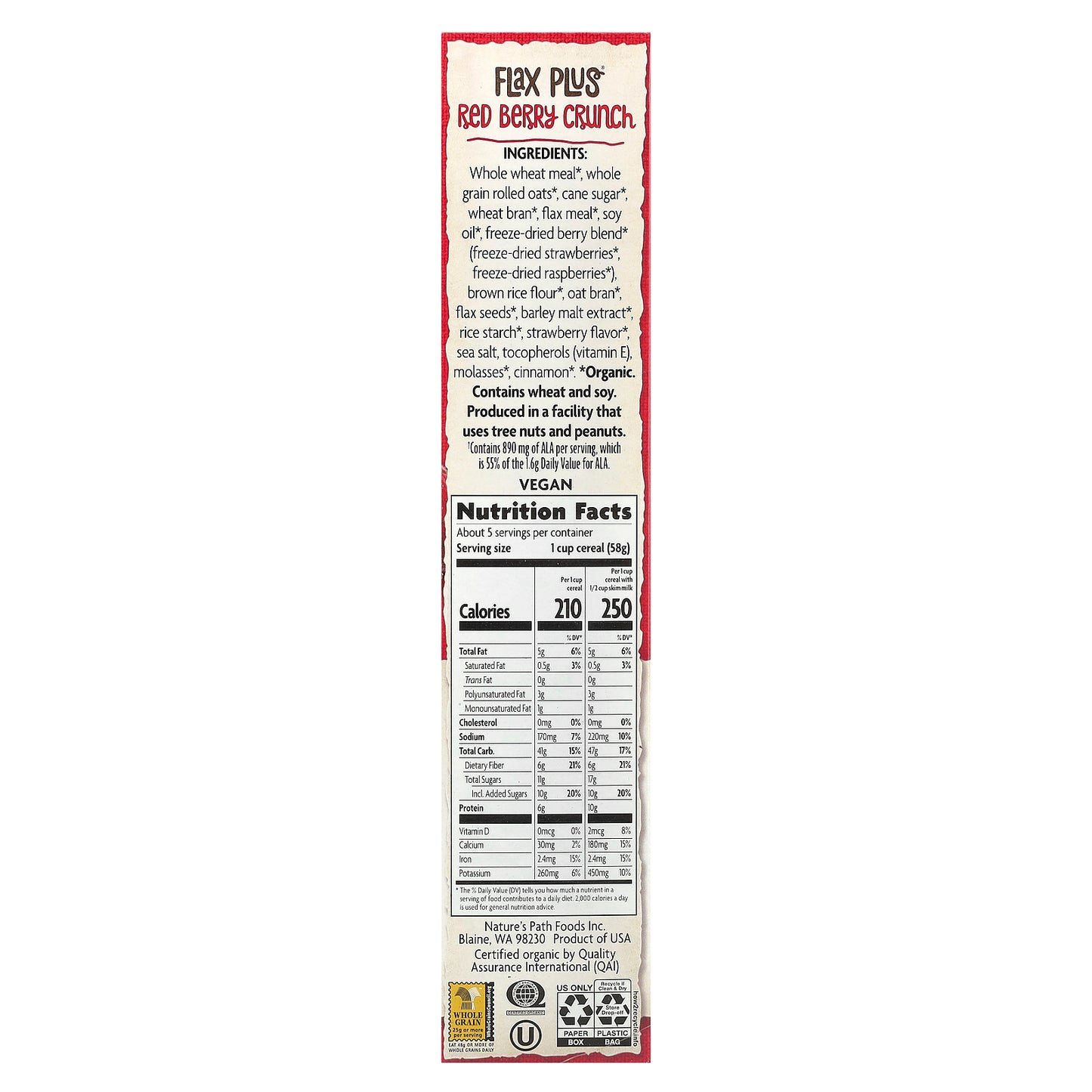 Nature's Path, Organic Flax Plus® Cereal, Red Berry Crunch, 10.6 oz (300 g)