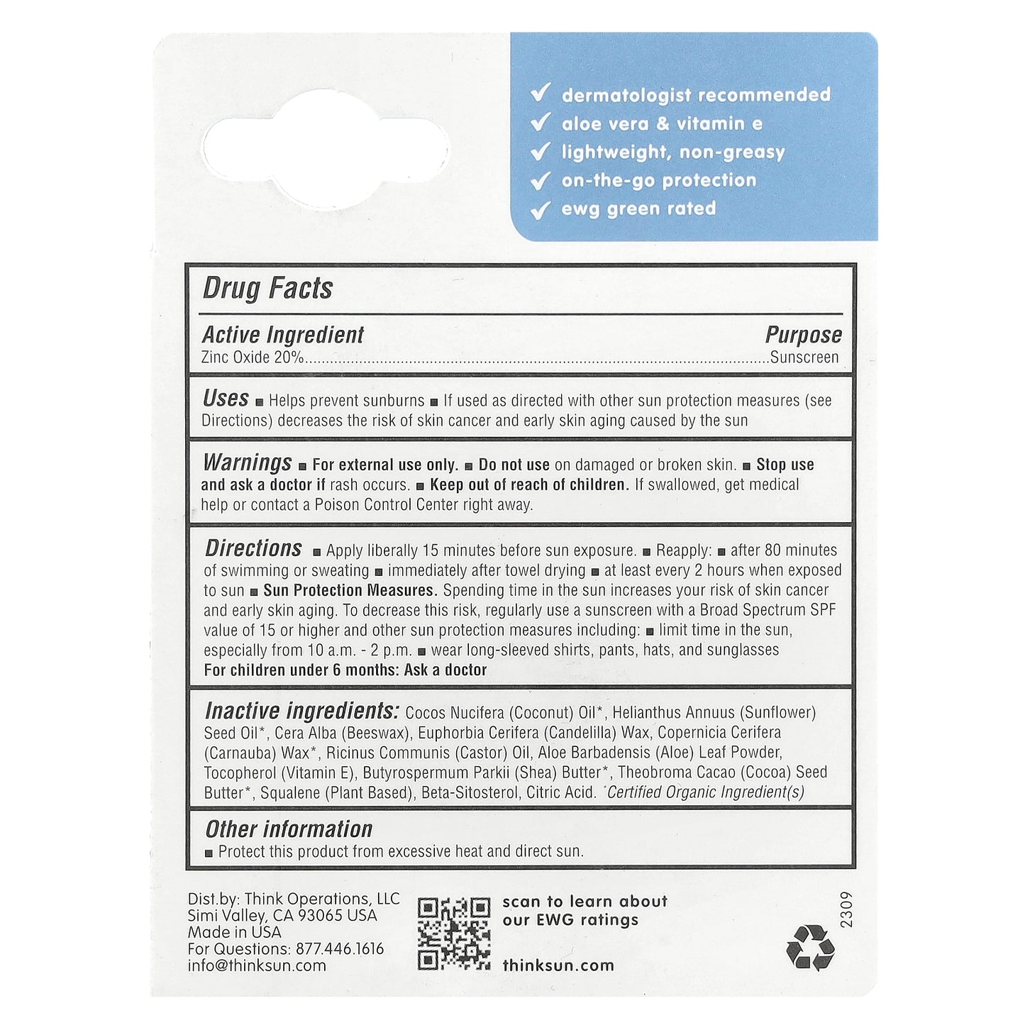 think, Sport®, Zinc Oxide 20% Sunscreen Stick, SPF 30, Fragrance Free, 0.64 oz (18.4 g)