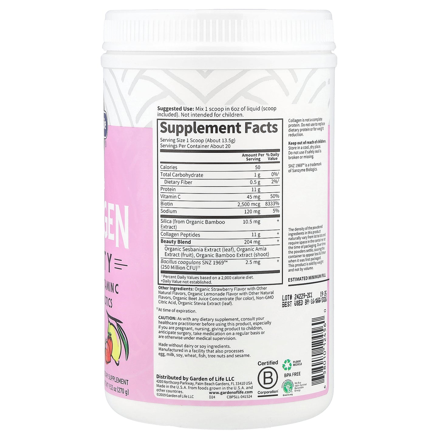 Garden of Life, Grass Fed Collagen, Beauty, Strawberry Lemonade, 9.52 oz (270 g)