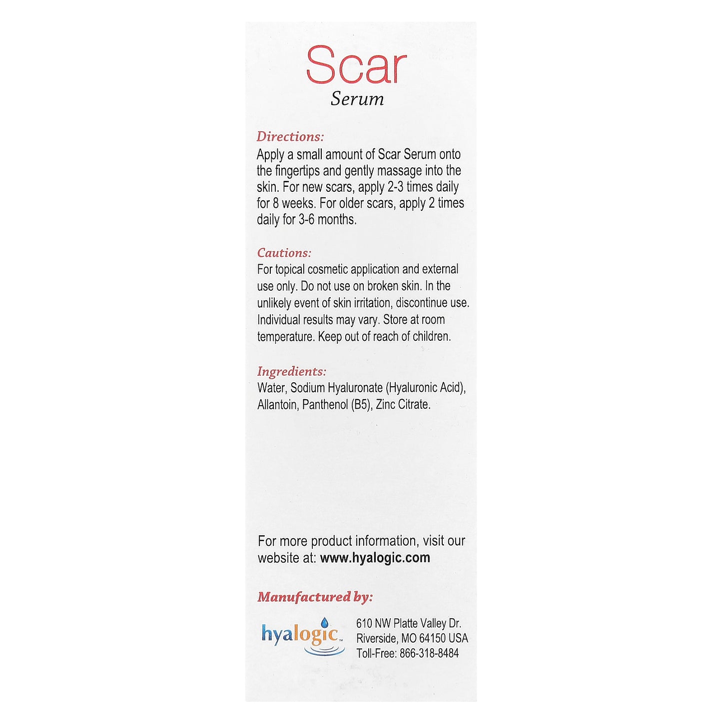 Hyalogic, Scar Serum with Hyaluronic Acid, Allantoin & B5, 0.47 fl oz (13.5 ml)