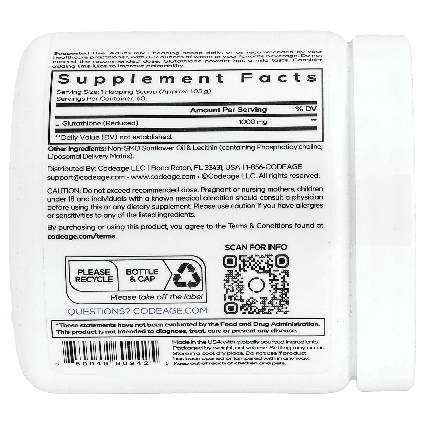 Codeage, Liposomal Glutathione Powder, Unflavored, 2.22 oz (63 g)