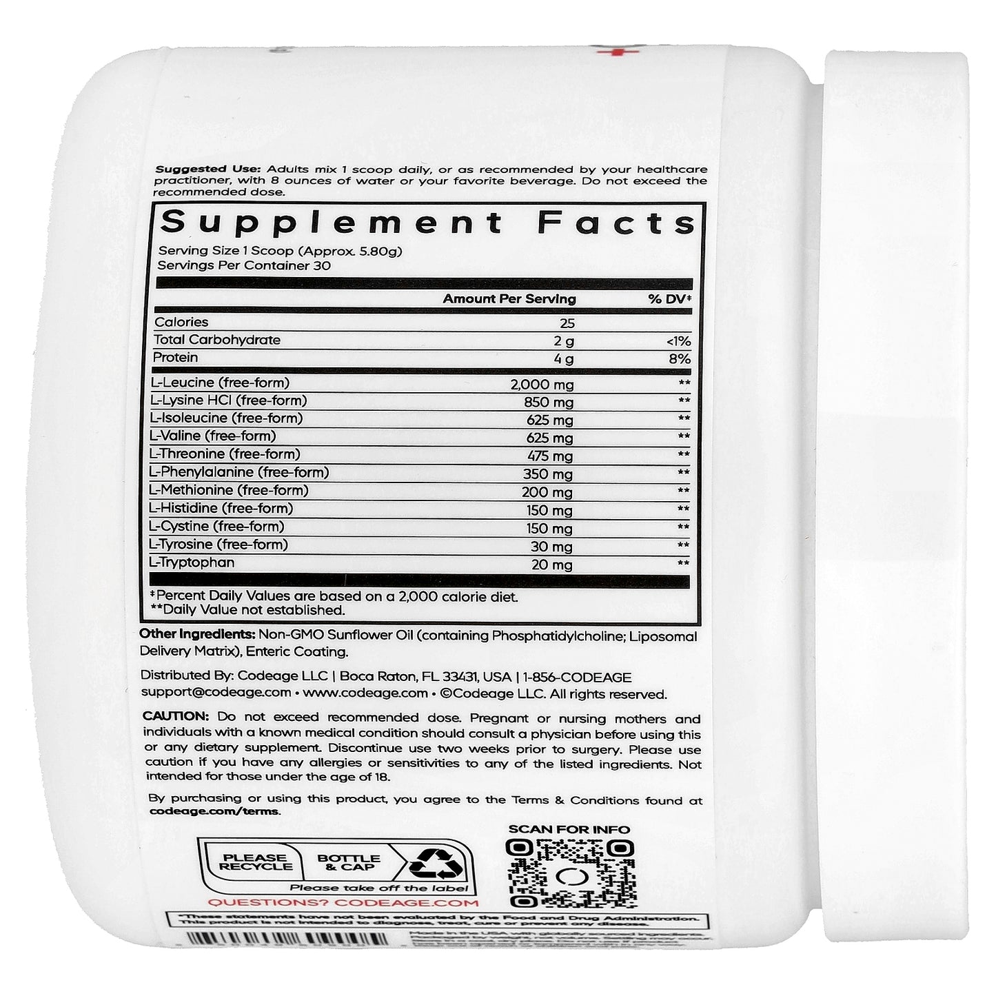 Codeage, Sport, Liposomal Multi Amino+ Powder, Unflavored, 6.15 oz (174.2 g)