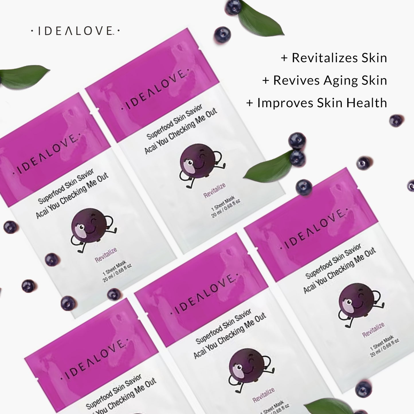 Idealove, Superfood Skin Savior, Acai You Checking Me Out, 5 Beauty Sheet Masks, 0.68 fl oz (20 ml) Each