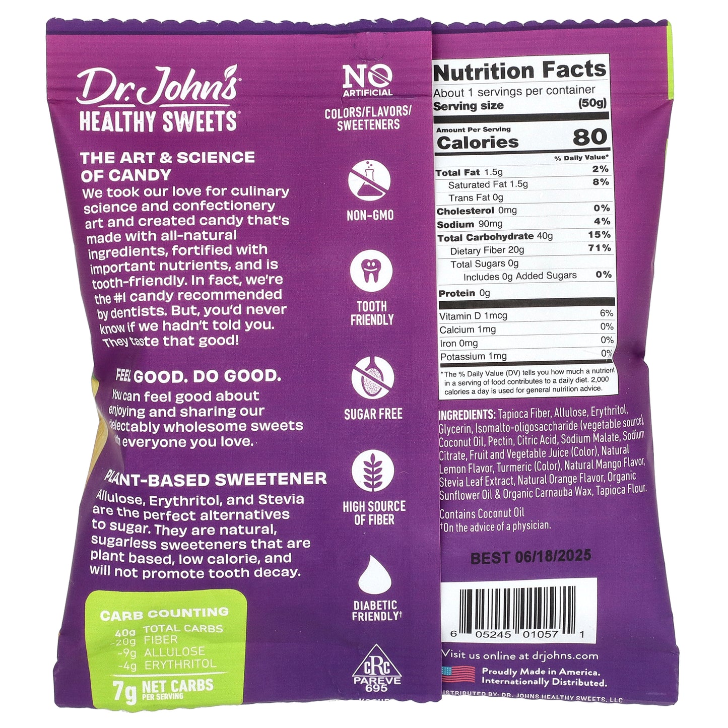 Dr. John's Healthy Sweets, Gummy Squares, Sugar Free, Lemon, Mango & Orange, 1.8 oz (50 g)