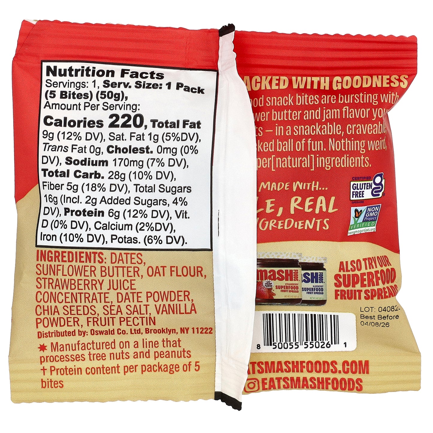 Smash Foods, Snack Bites, Sunflower Butter & Strawberry Jam, 5 Bites, 1.8 oz (50 g)