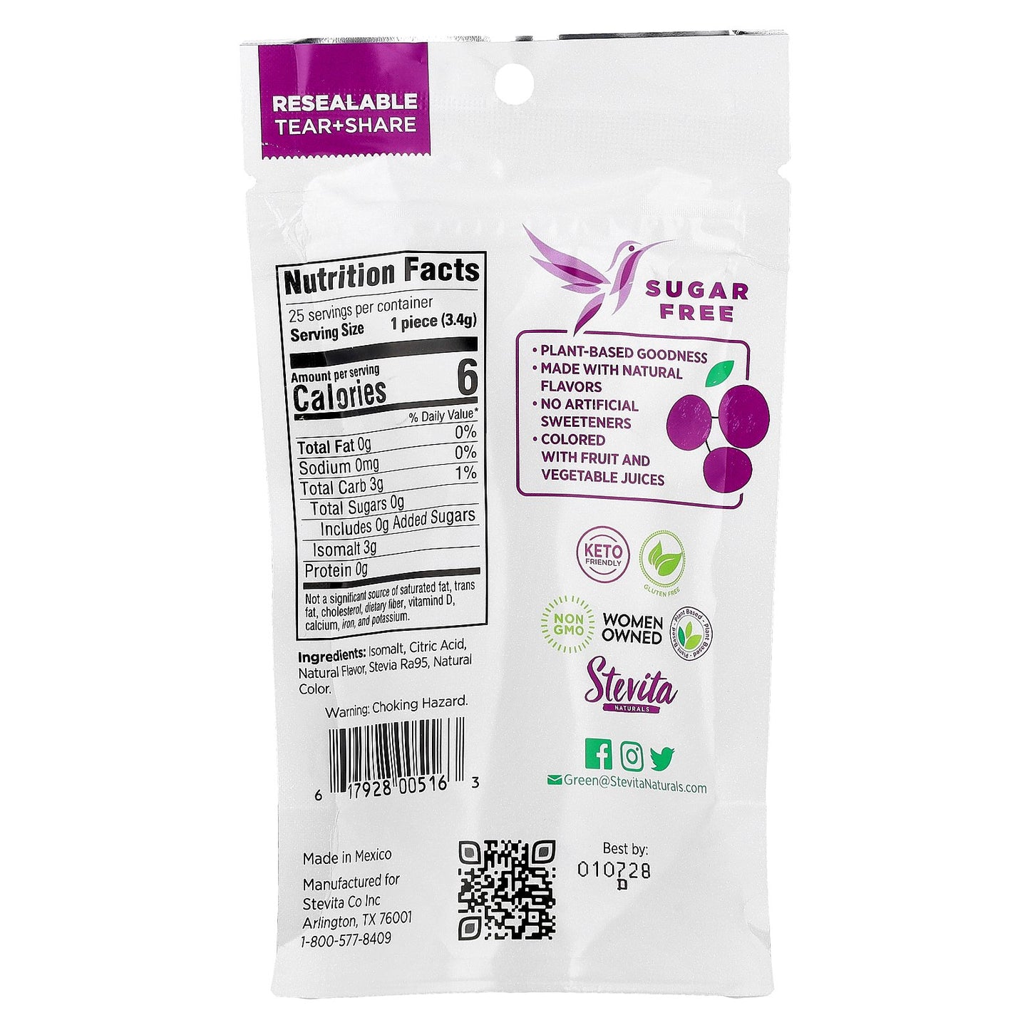 Stevita Naturals, Naturals, Sugar Free Hard Candy, Glorious Grape, 3 oz (85 g)