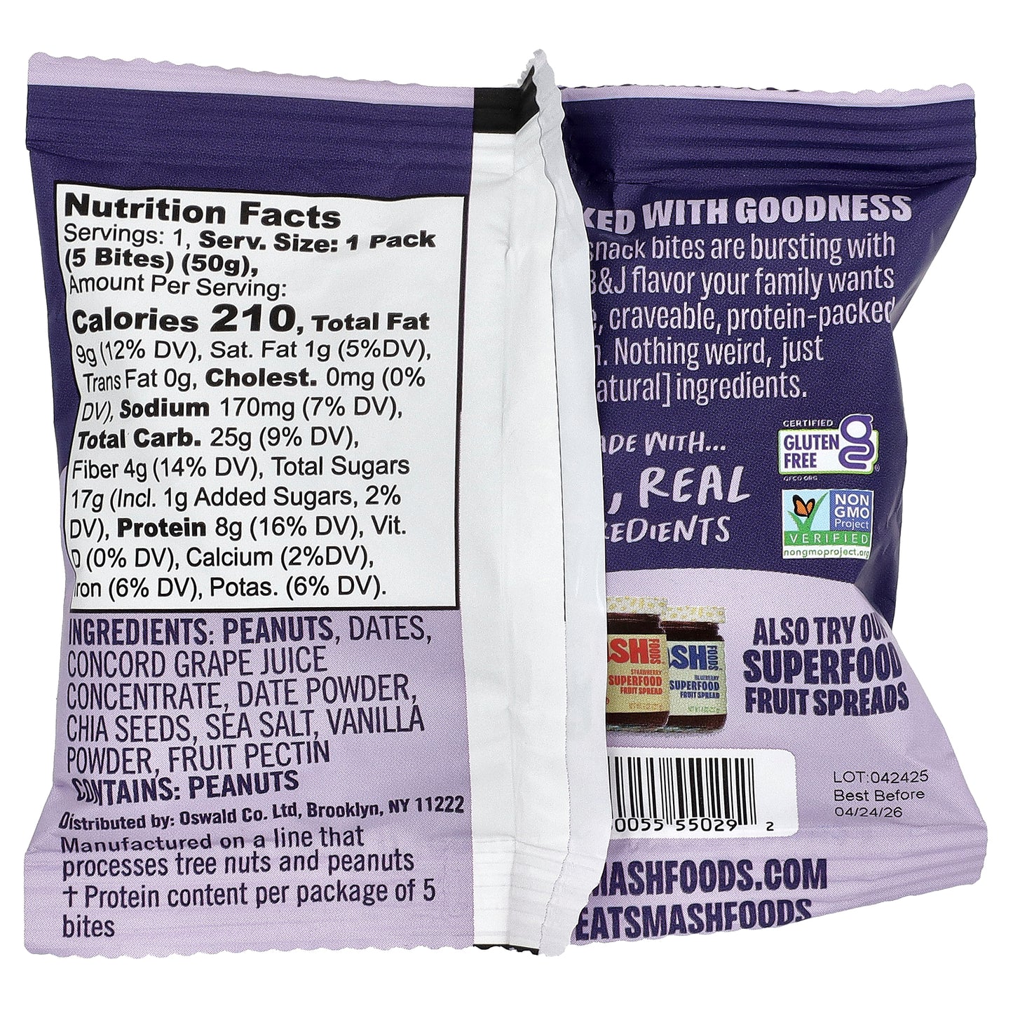 Smash Foods, Snack Bites, Peanut Butter & Concord Grape Jam, 5 Bites, 1.8 oz (50 g)