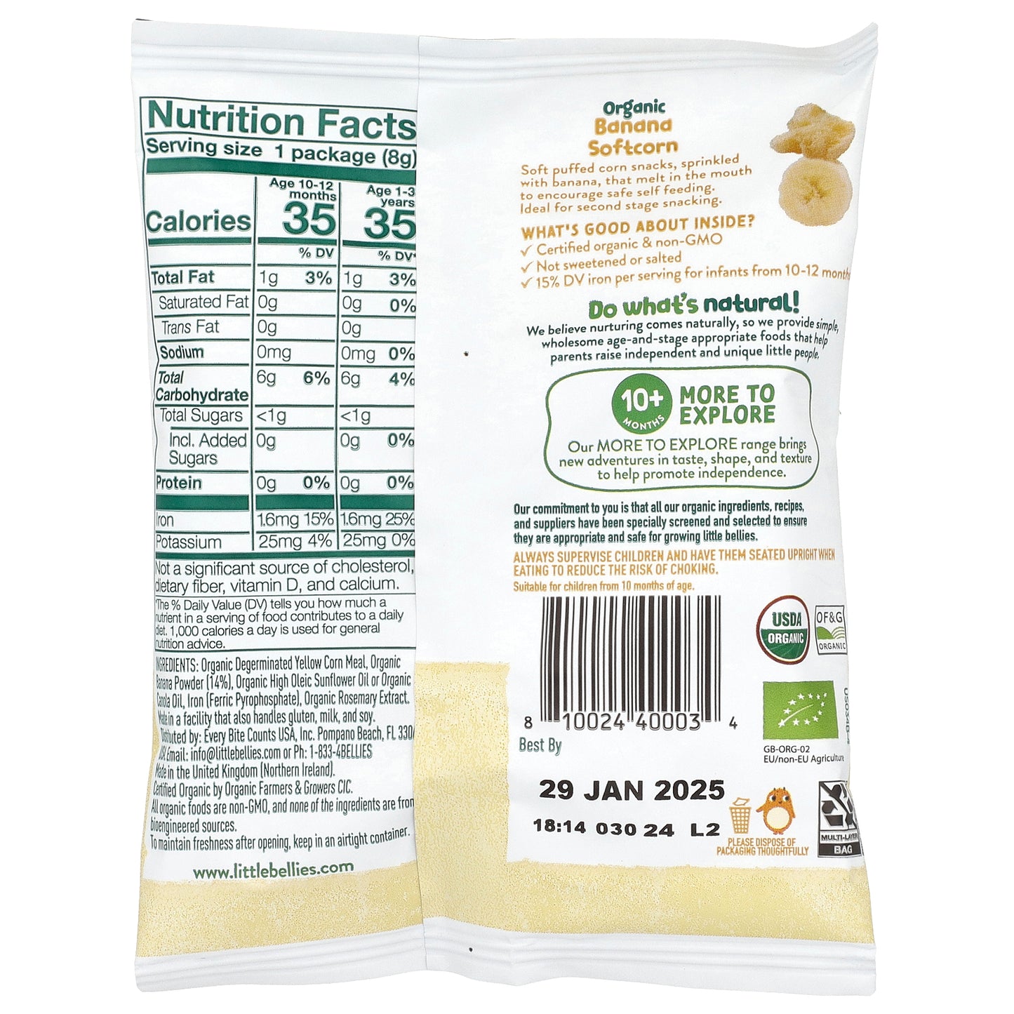 Little Bellies, Organic Banana Softcorn, 10+ Months, 18 Bags, 0.28 oz (8 g) Each