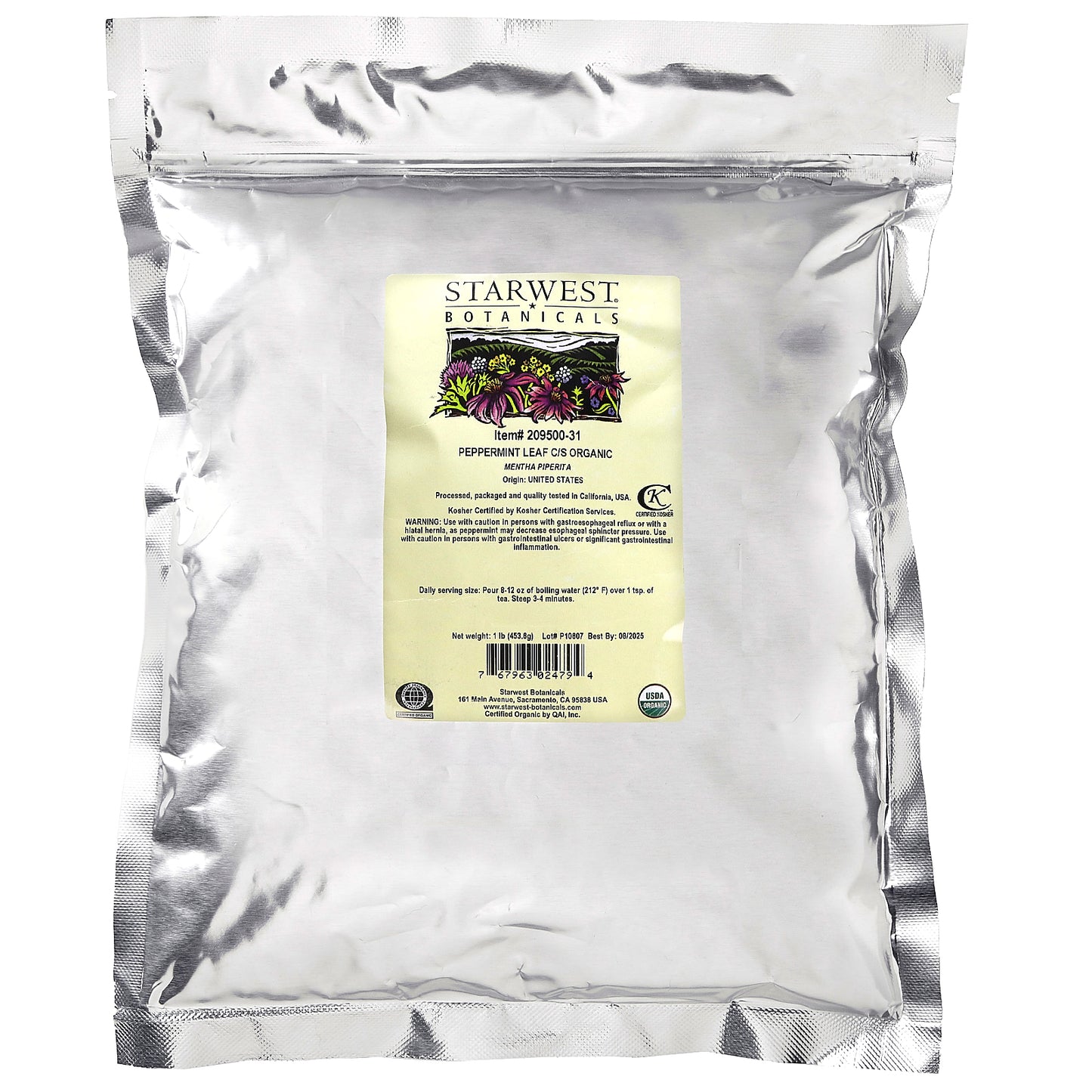 Starwest Botanicals, Organic Peppermint Leaf, Cut & Sifted, 1 lb (453.6 g)