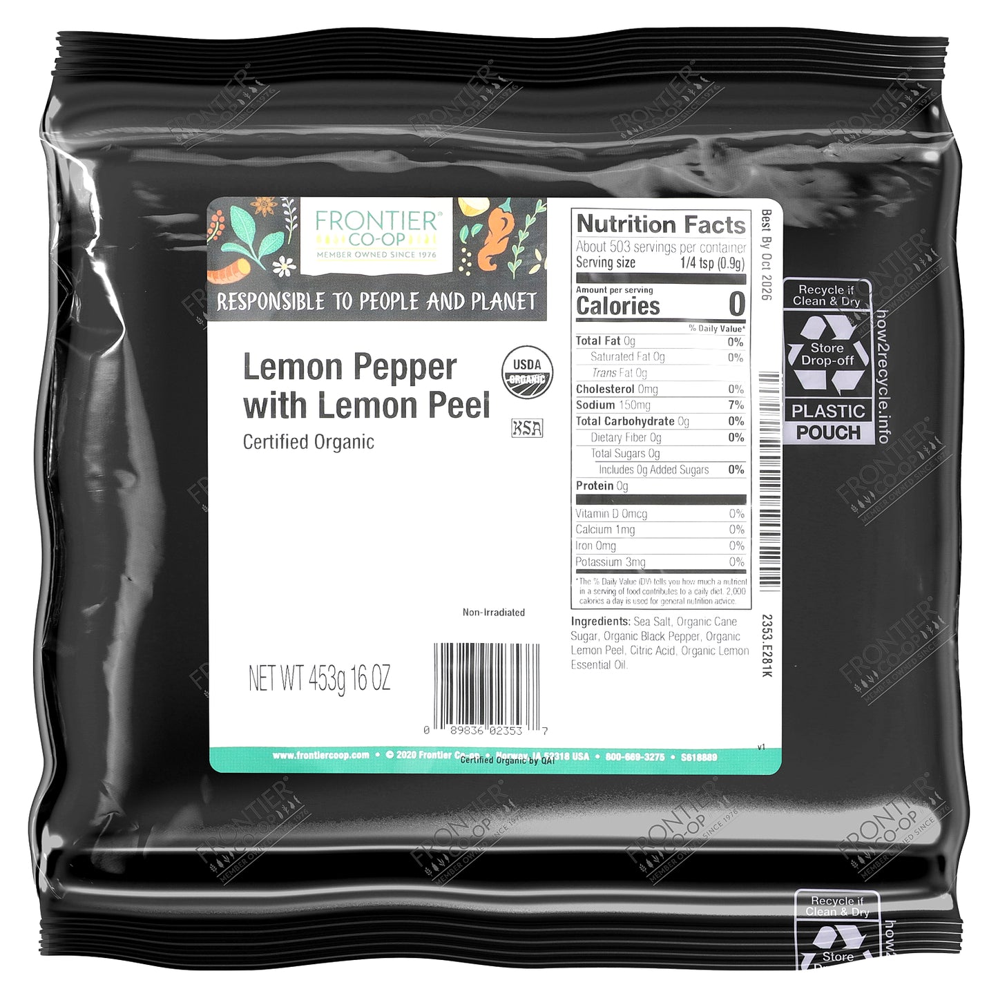 Frontier Co-op, Organic Lemon Pepper with Lemon Peel, 16 oz (453 g)