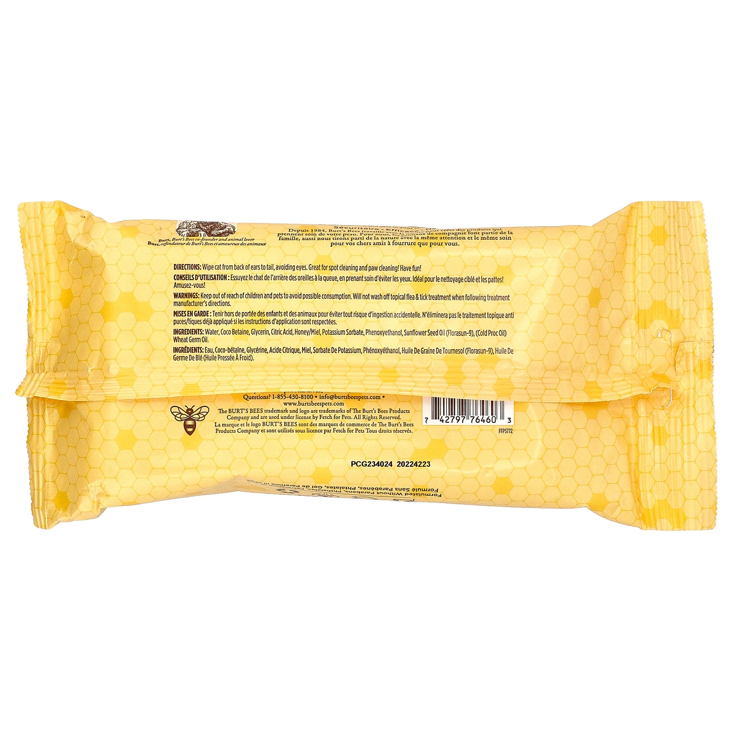 Burt's Bees, Anti-Hairball Wipes with Sunflower Oil & Wheat Germ Oil, For Cats, 50 Count