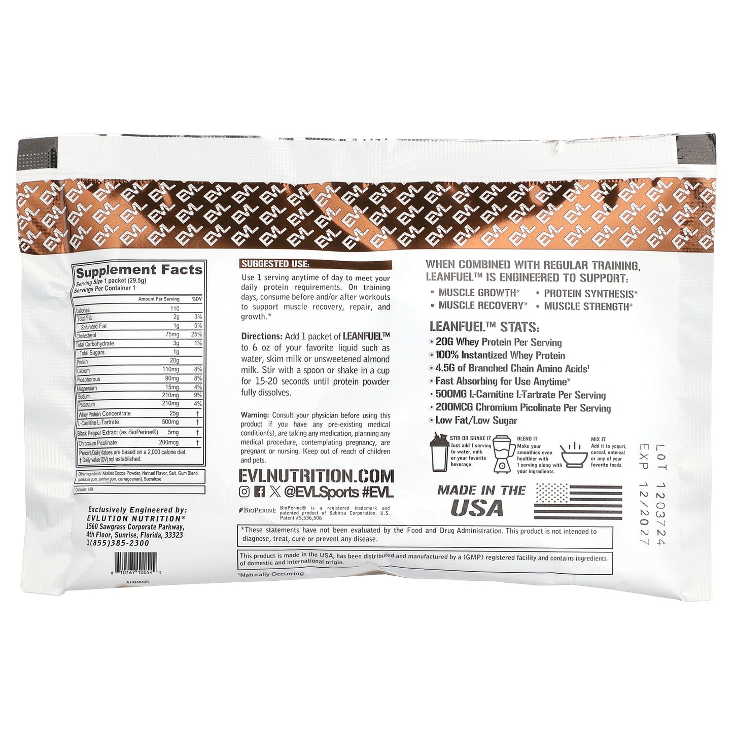 EVLution Nutrition, LeanFuel™, Chocolate, 3 Packets, 1 oz (29.5 g) Each