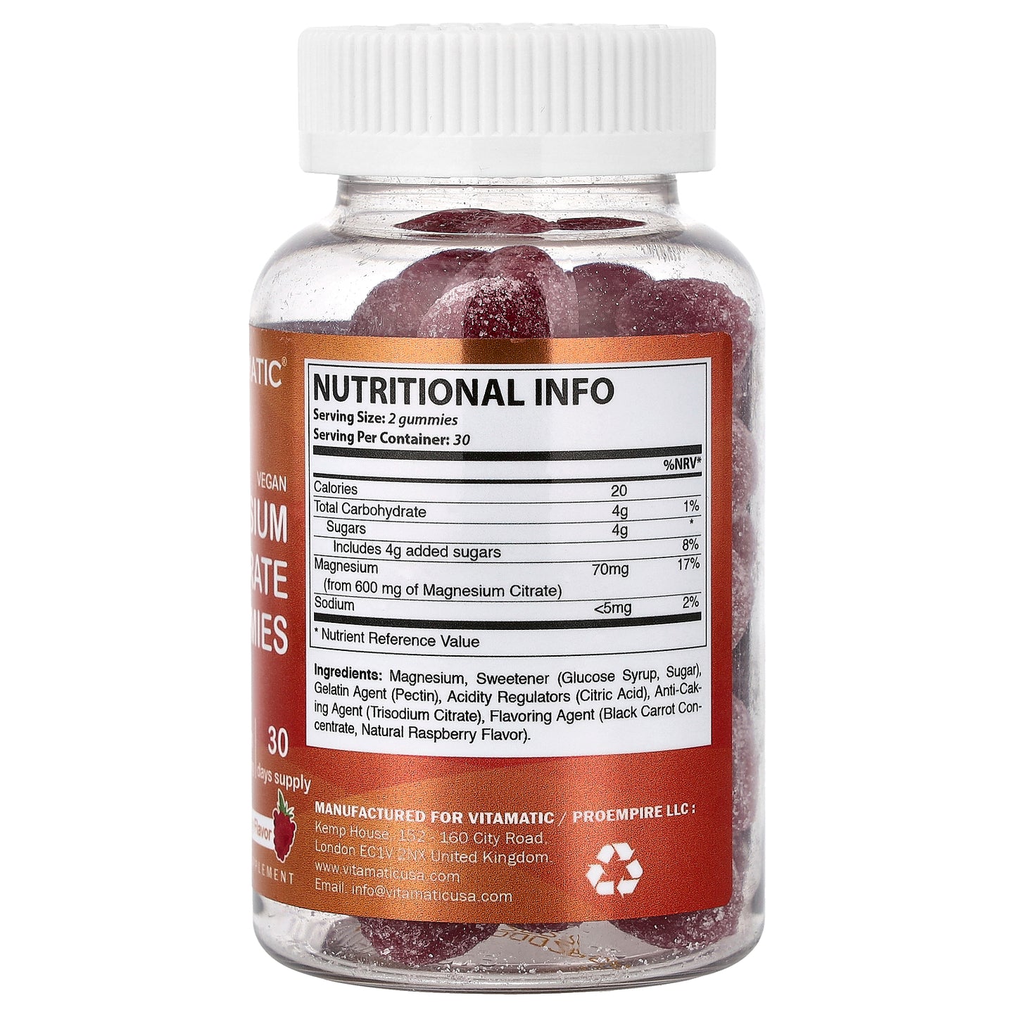 Vitamatic, Magnesium Citrate Gummies, Natural Raspberry, 60 Gummies
