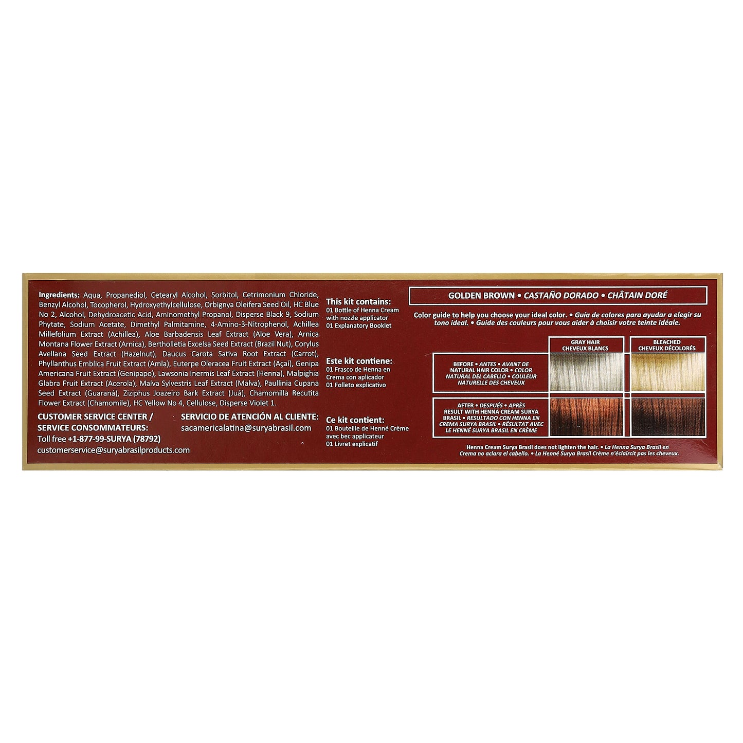 Surya Brasil, Henna Cream, Semi-Permanent Vegan Hair Dye For Gray Coverage and Toner for Bleached Hair, Golden Brown, 2.37 fl oz (70 ml)