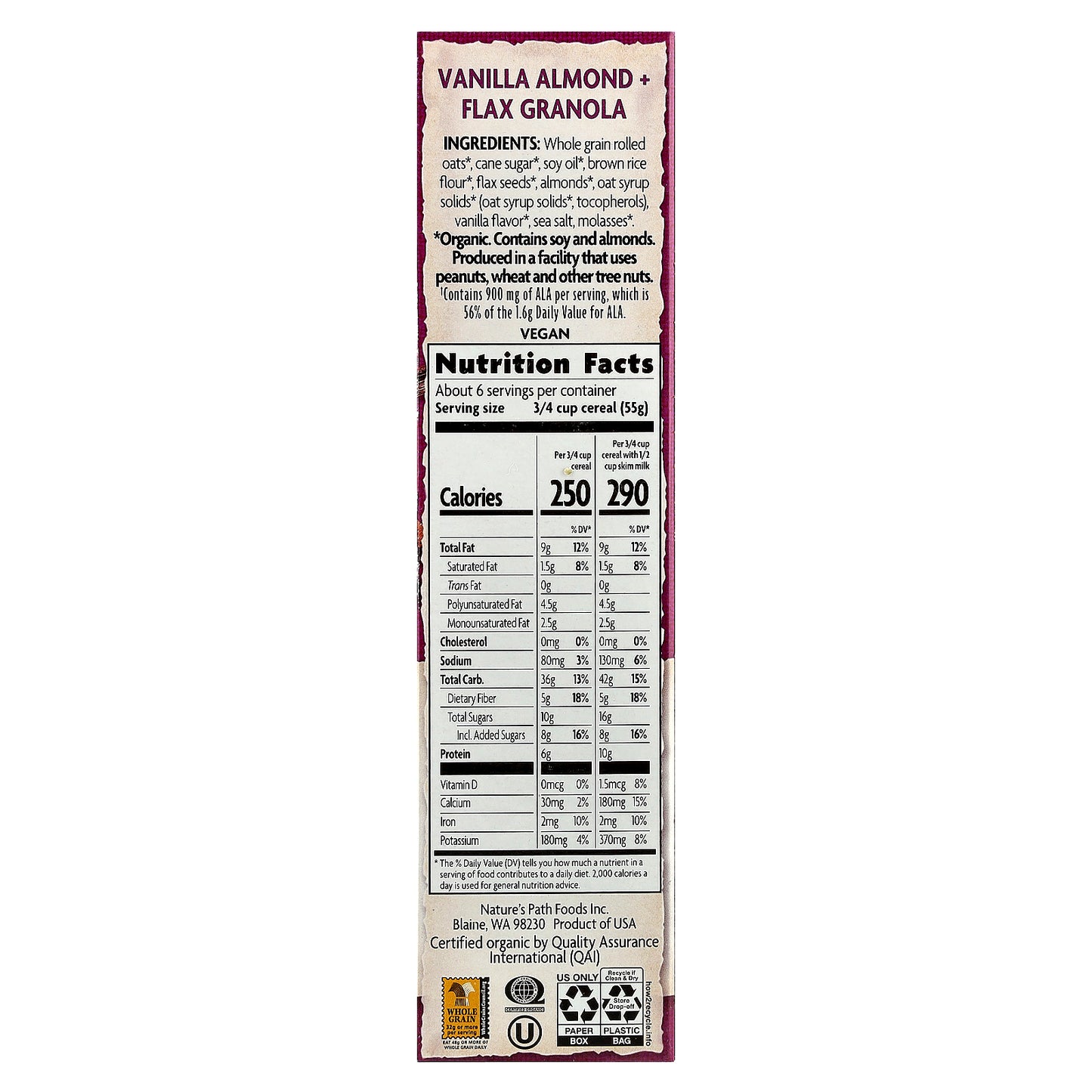 Nature's Path, Organic Vanilla Almond + Flax Granola Cereal, 11.5 oz (325 g)