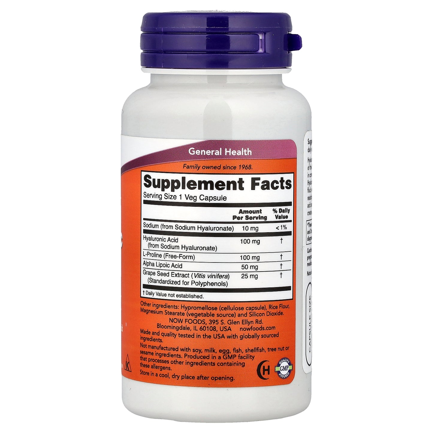 NOW Foods, Hyaluronic Acid With L-Proline, Alpha Lipoic Acid and Grape Seed Extract, 100 mg, 60 Veg Capsules