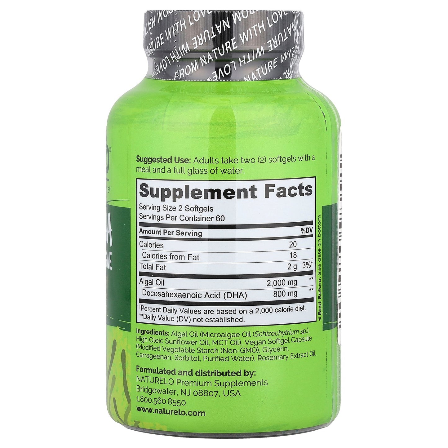 NATURELO, Vegan DHA, Omega-3 from Algae, 120 Vegan Softgels (400 mg per Softgel)