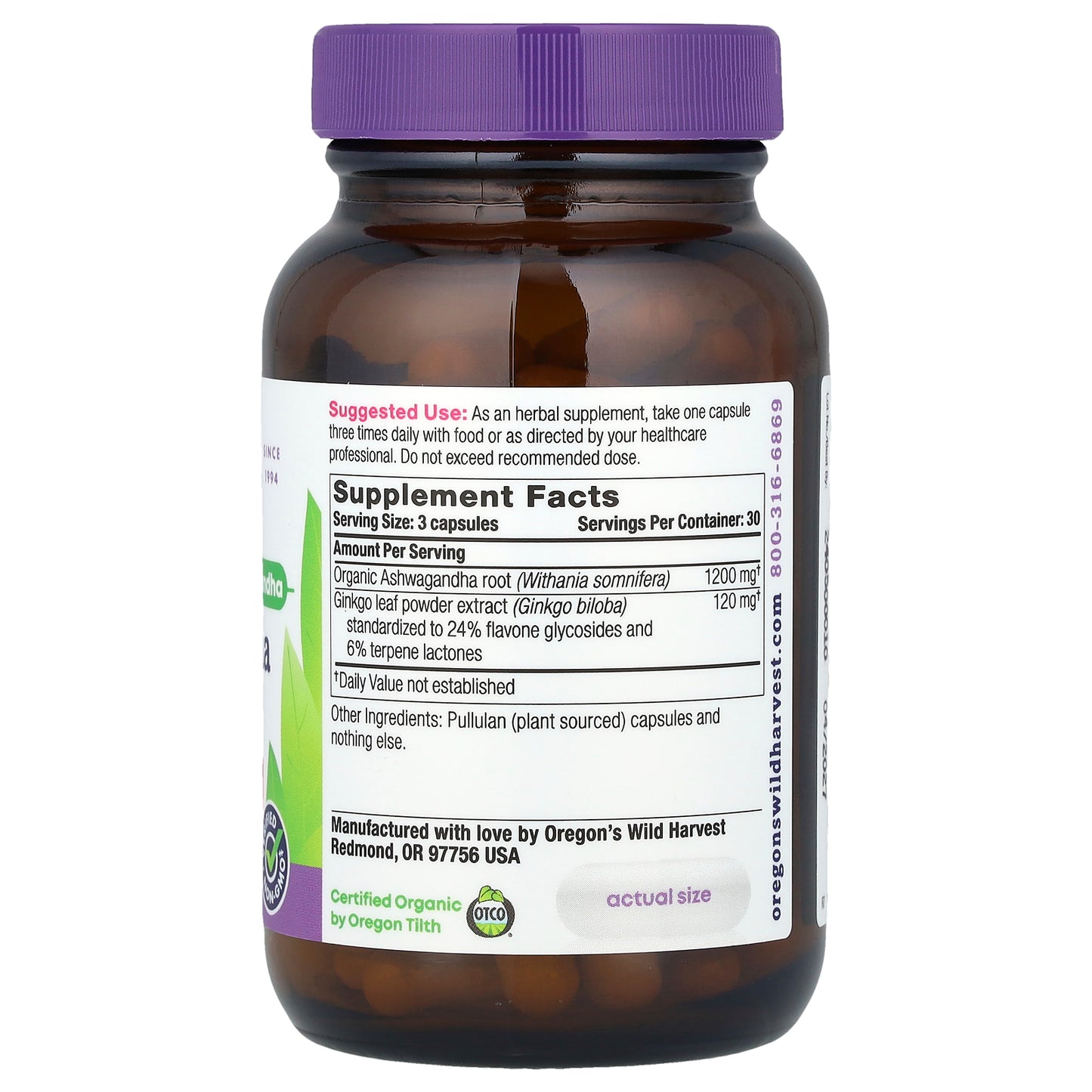 Oregon's Wild Harvest, Ashwagandha Ginkgo, 90 Vegan Capsules