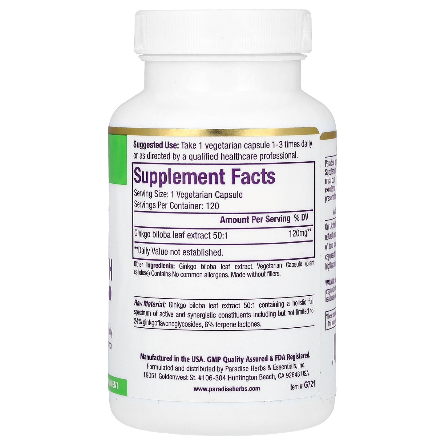 Paradise Herbs, Ginkgo, 120 mg, 120 Vegetarian Capsules