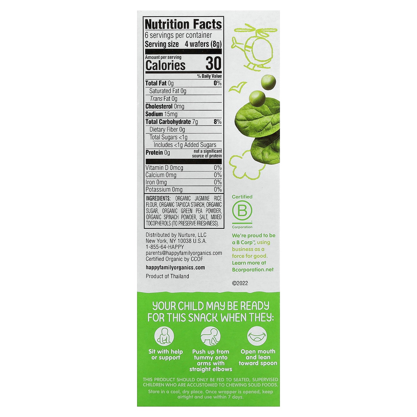 Happy Family Organics, Happy Baby®, Organic Teethers, Gentle Teething Wafers, Sitting Baby, Pea & Spinach, 12 Packs, 0.14 oz (4 g) Each