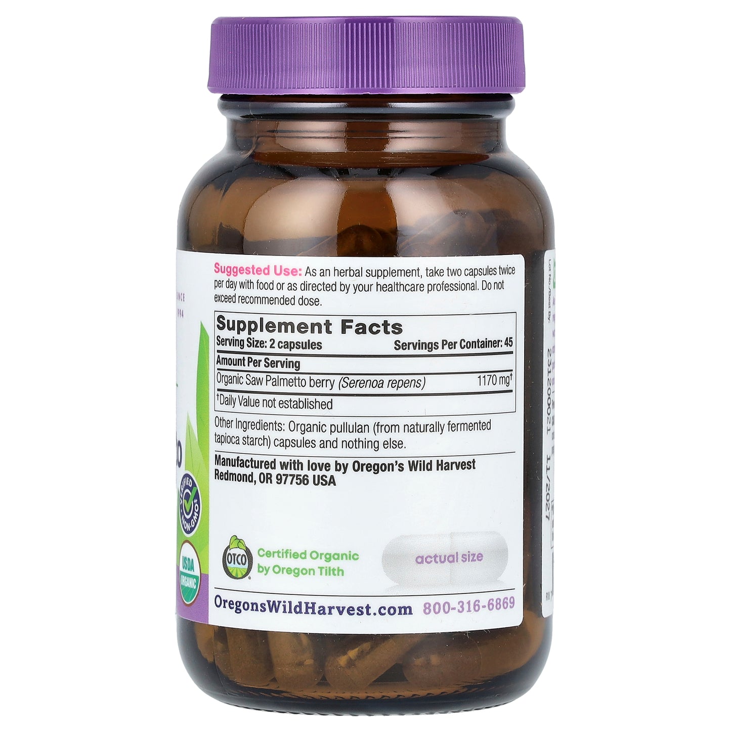 Oregon's Wild Harvest, Organic Saw Palmetto, 90 Organic Vegan Capsules (585 mg per Capsule)