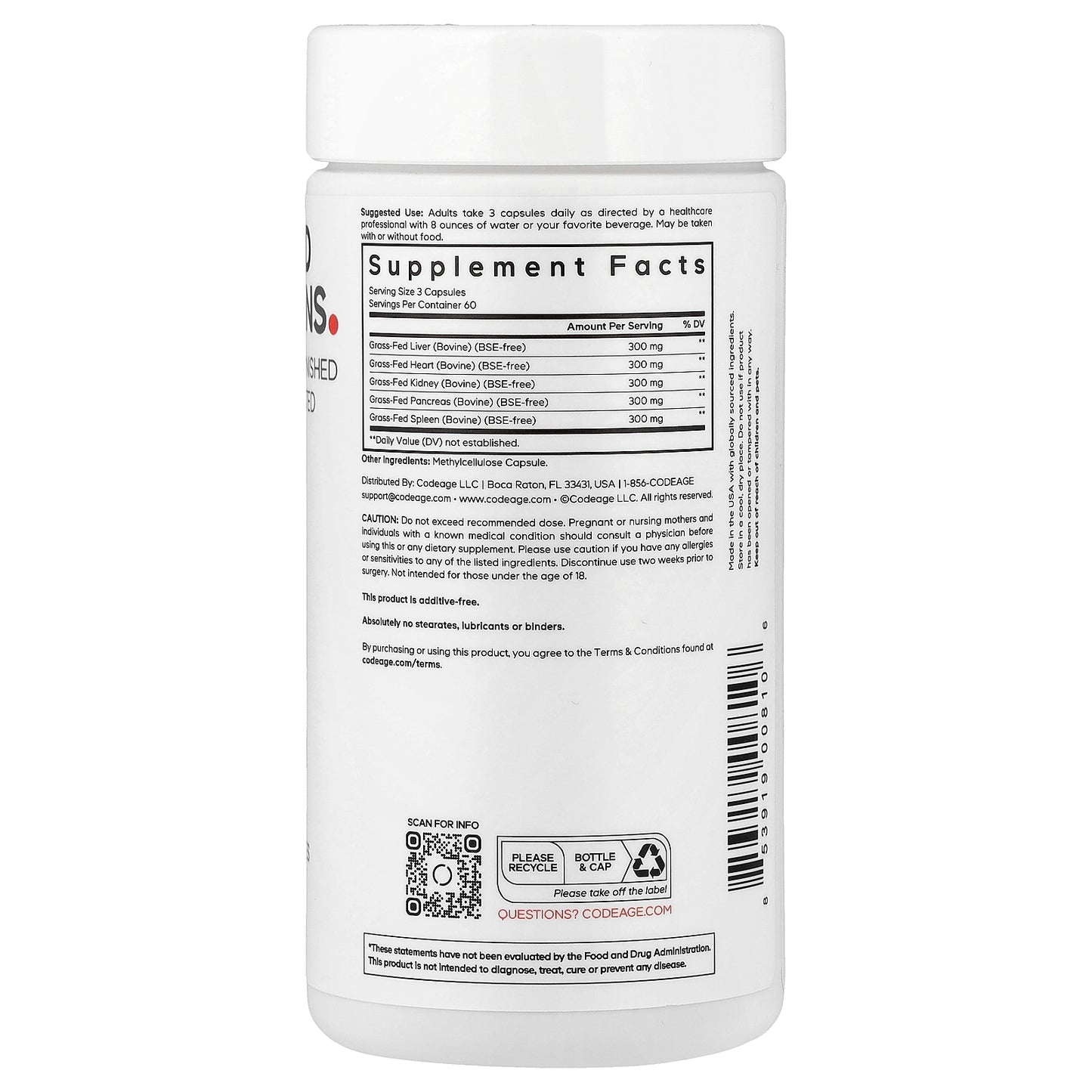 Codeage, Grass-Fed Beef Organs, 180 Vegetable Capsules