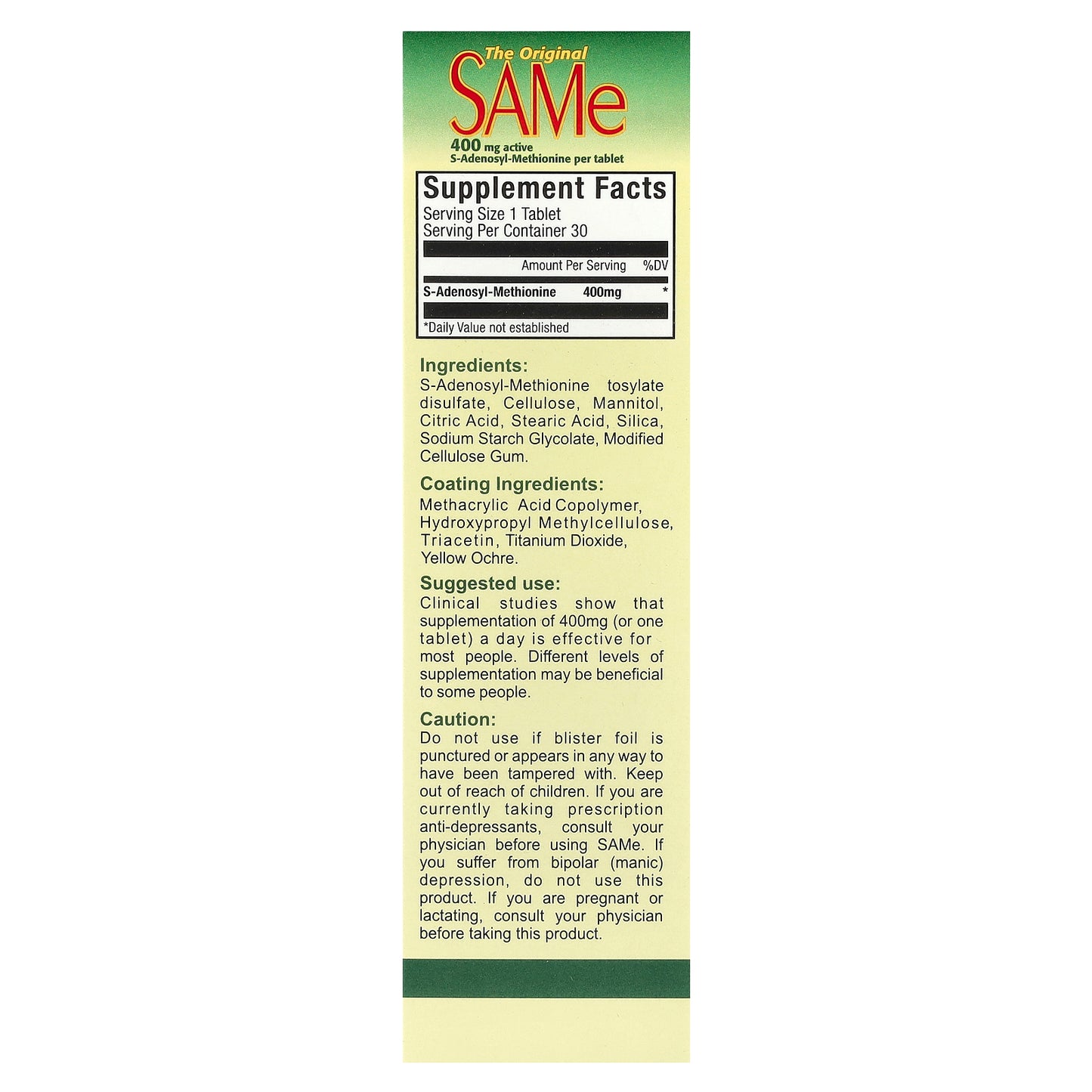 NutraLife, SAMe, 400 mg, 30 Enteric Coated Tablets