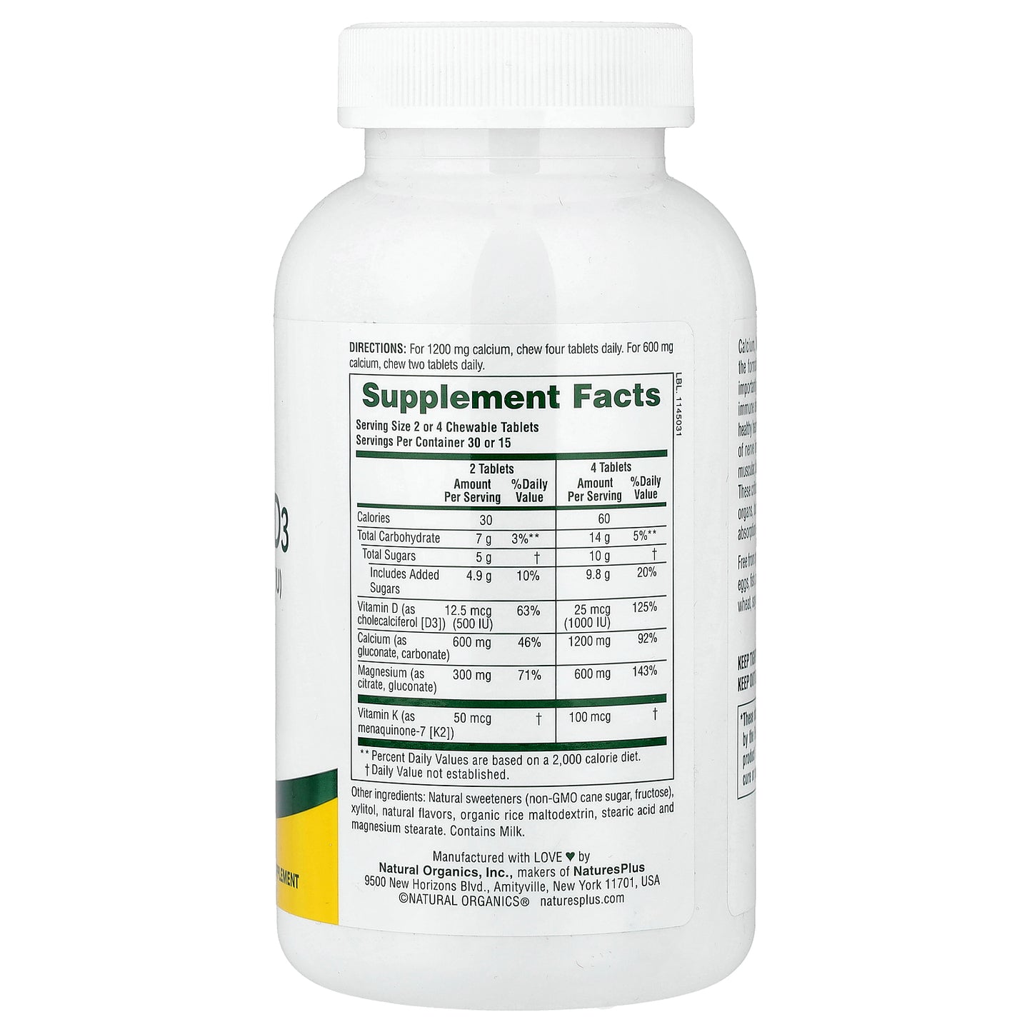 NaturesPlus, Chewable Cal/Mag/Vit D3 with Vitamin K2, Vanilla, 60 Chewable Tablets