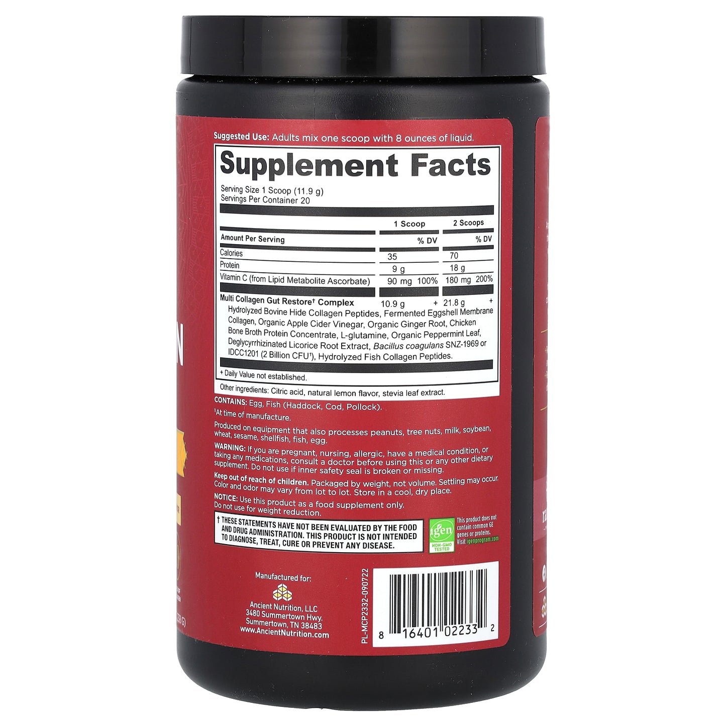 Ancient Nutrition, Multi Collagen Protein, Gut Restore, Lemon Ginger, 8.4 oz (238 g)