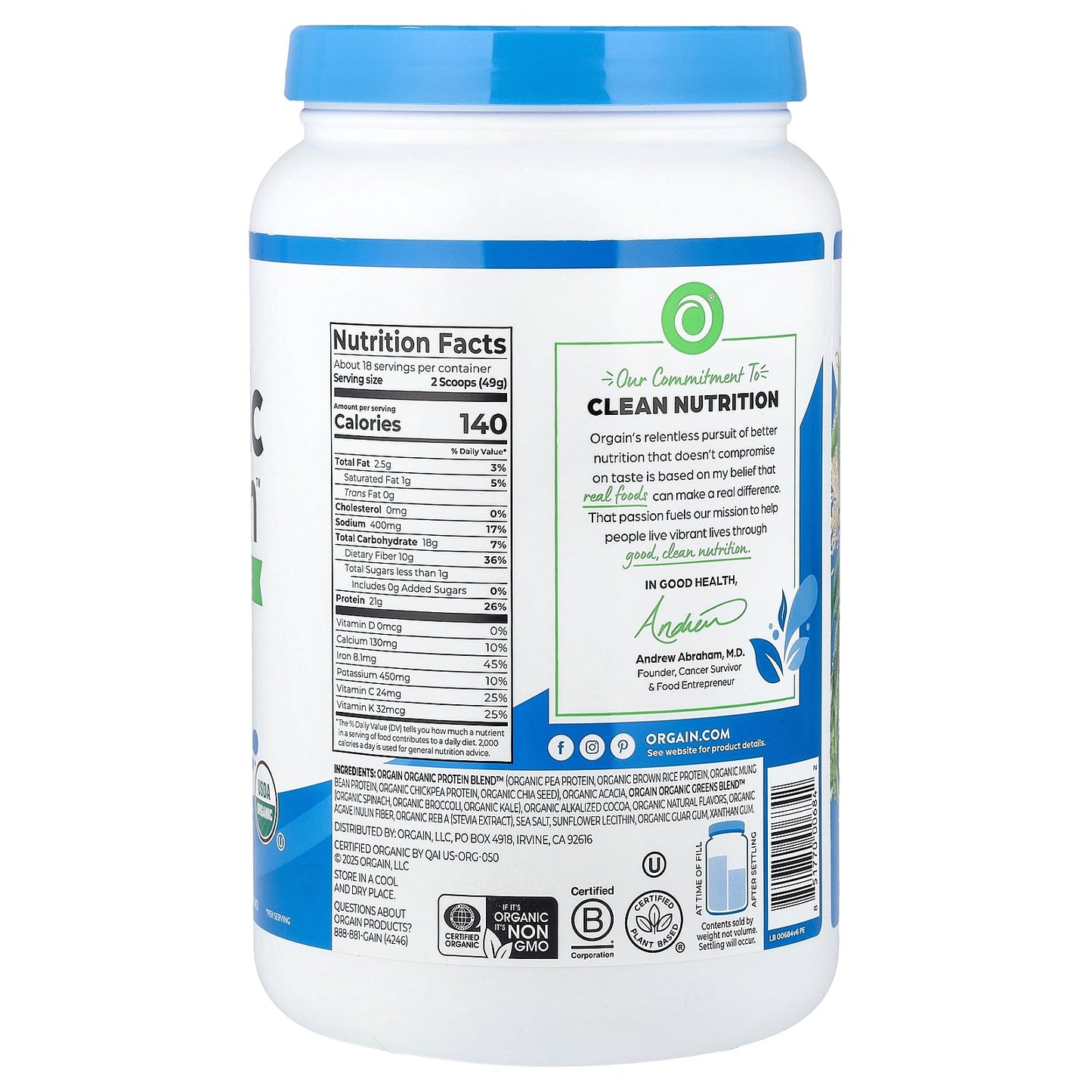 Orgain, Organic Protein™ + Greens Protein Powder, Plant-Based, Creamy Chocolate Fudge, 1.94 lbs (882 g)