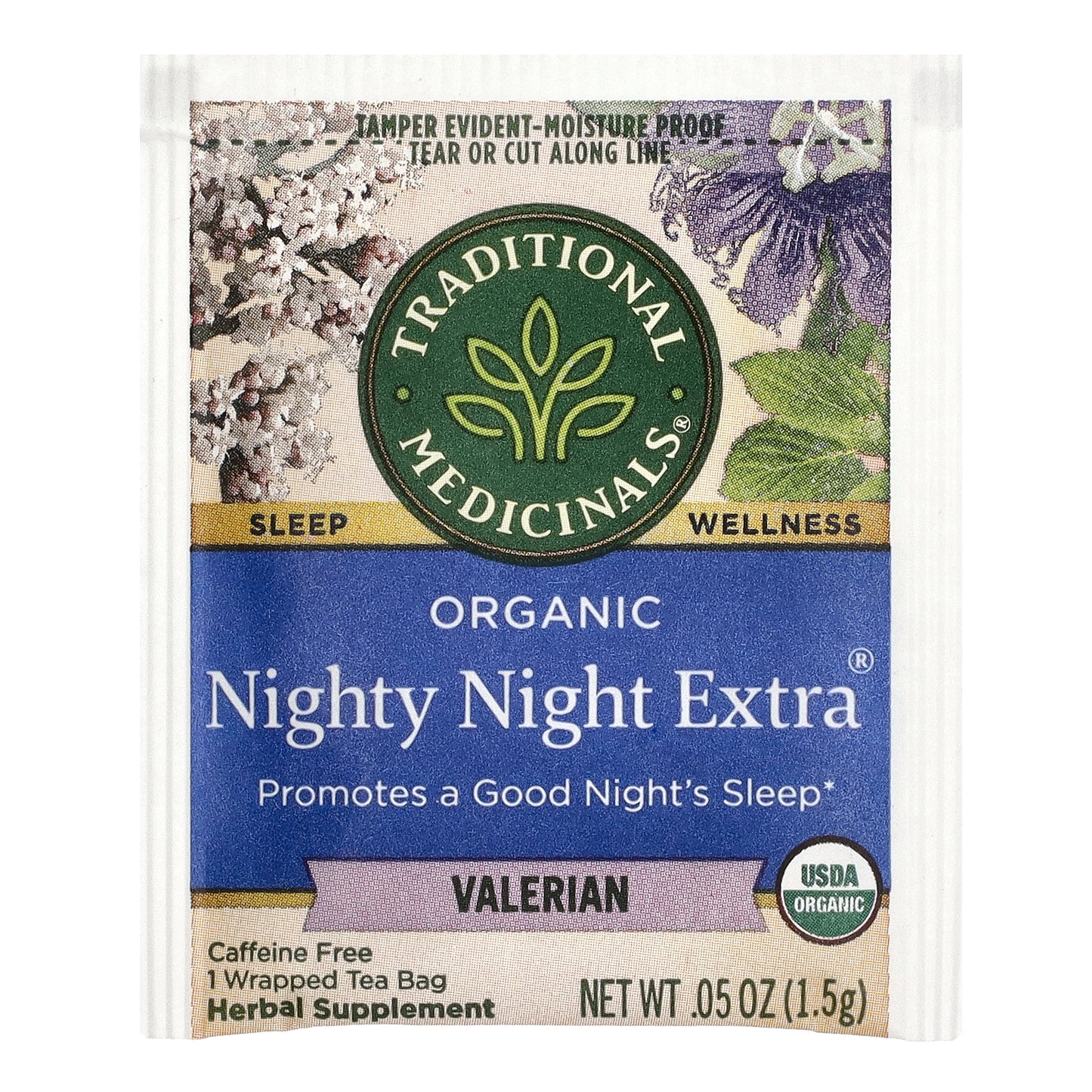 Traditional Medicinals, Organic Nighty Night Extra®, Lemon Balm & Valerian, Caffeine Free, 16 Wrapped Tea Bags, 0.85 oz (24 g)