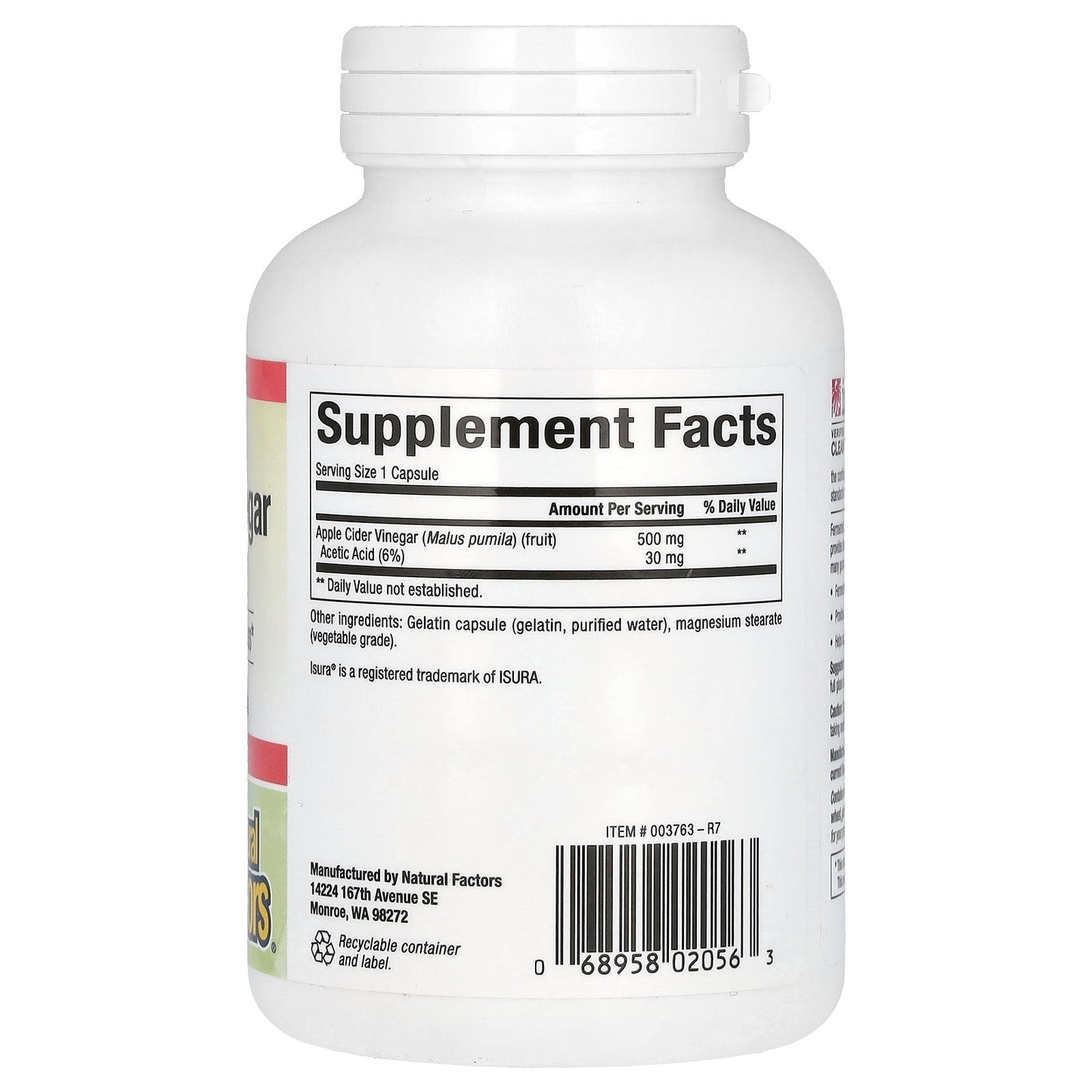 Natural Factors, Fermented Apple Cider Vinegar, 500 mg, 180 Easy to Swallow Capsules