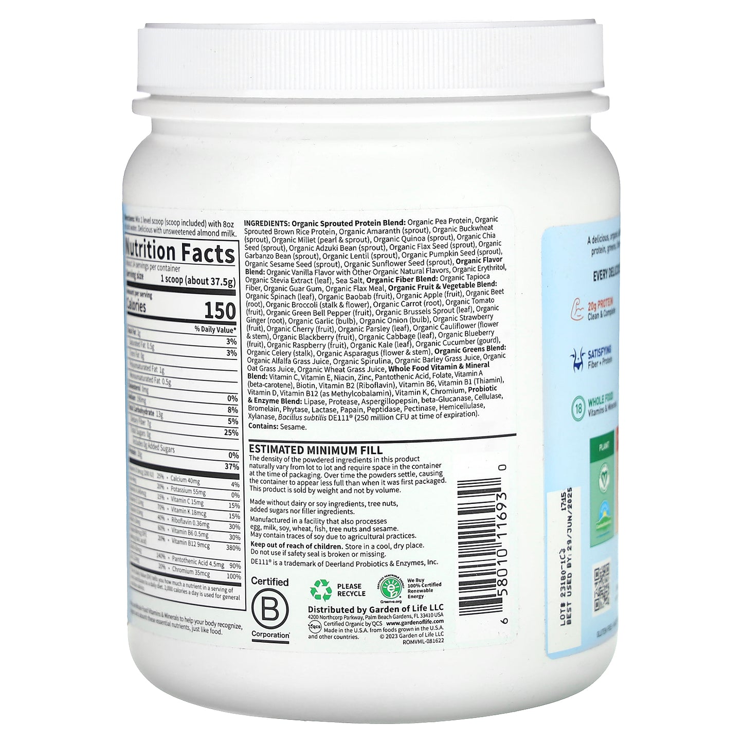 Garden of Life, RAW Organic Meal Replacement Shake, Vanilla, 18.52 oz (525 g)