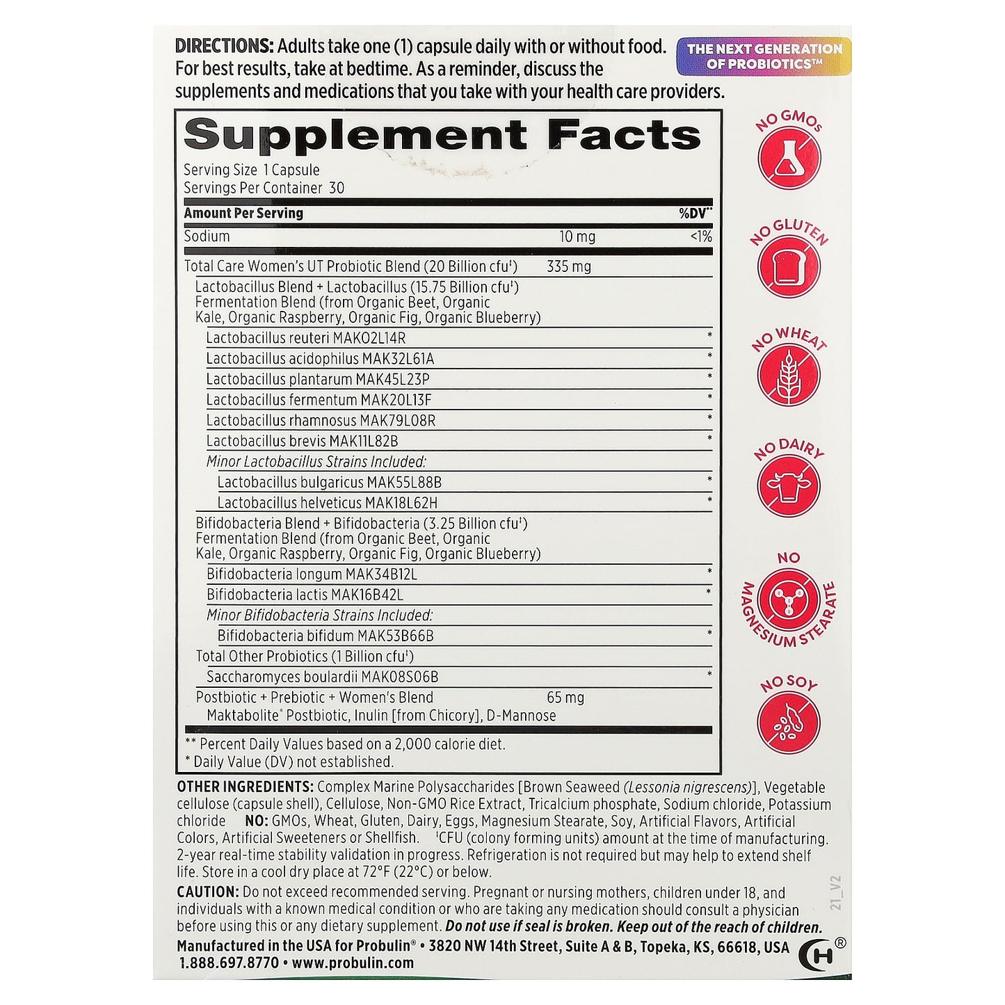 Probulin, Total Care Women’s UT Probiotic + Prebiotic & Postbiotic, 30 Capsules