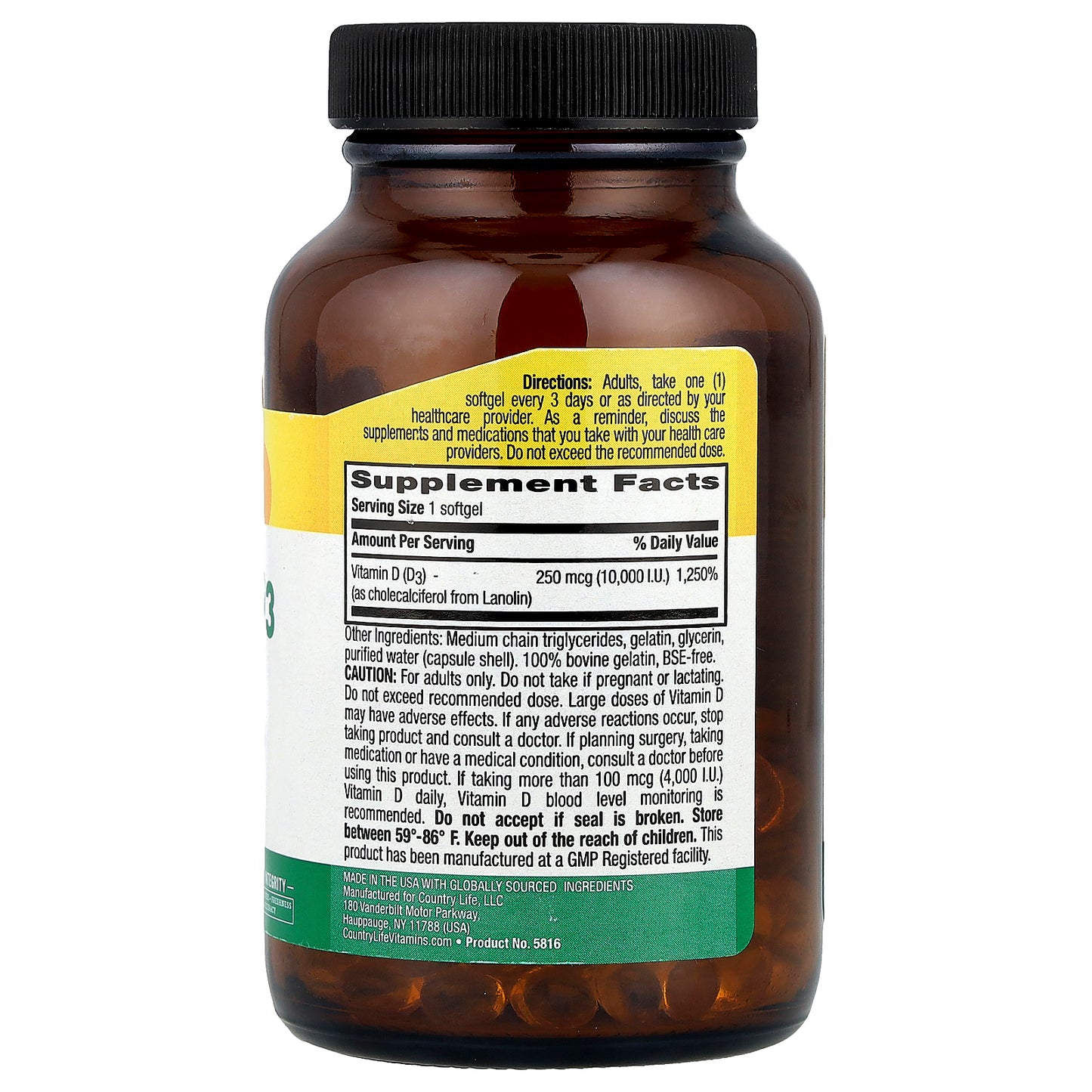 Country Life, Vitamin D3, High Potency , 250 mcg (10,000 IU), 200 Softgels