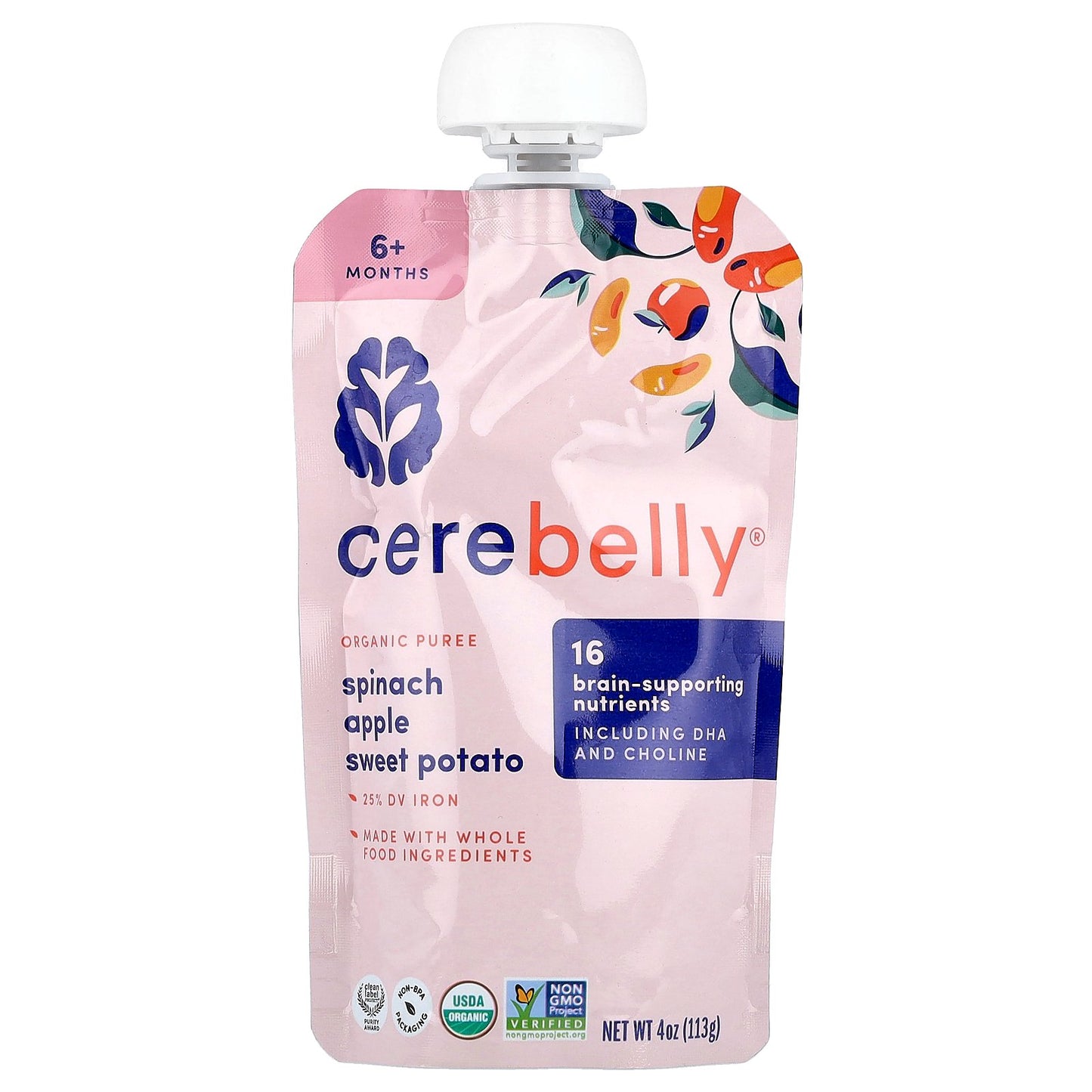 Cerebelly, Organic Puree, 6+ Months, Spinach, Apple, Sweet Potato, 6 Pouches, 4 oz (113 g) Each