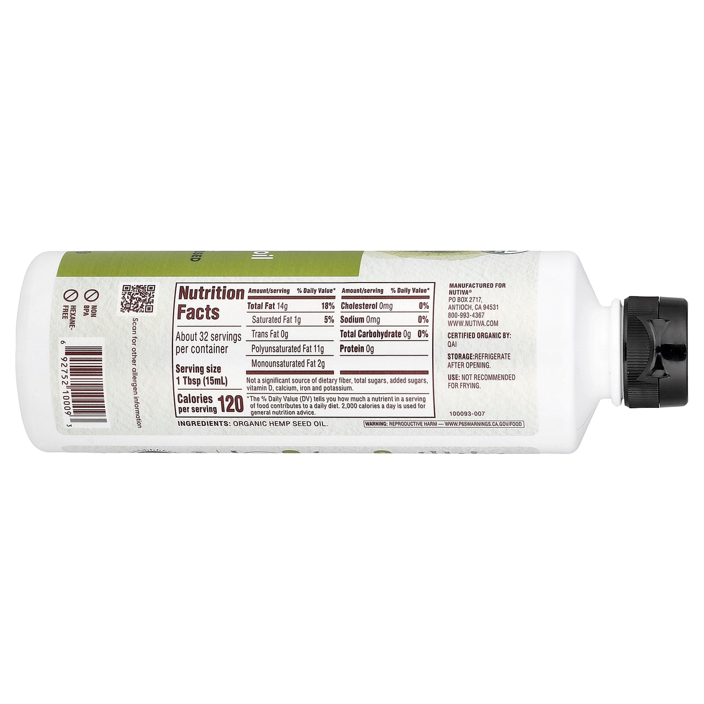 Nutiva, Organic Hemp Seed Oil, Cold Pressed, 16 fl oz (473 ml)