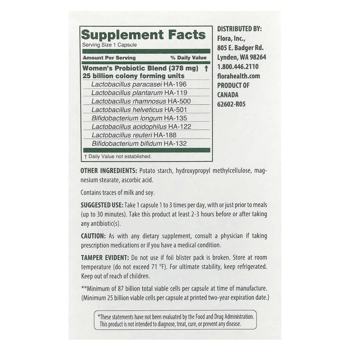 Flora, Women's Care Probiotic, 87 Billion CFU, 30 Vegetarian Capsules