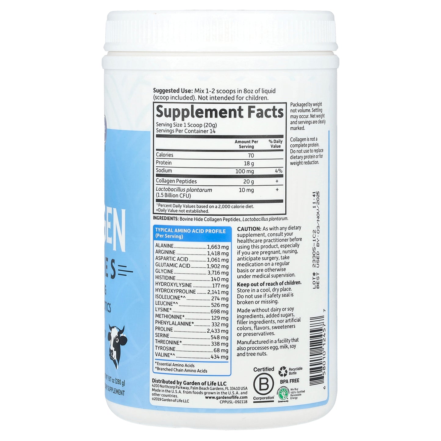 Garden of Life, Grass Fed Collagen Peptides, Unflavored, 9.87 oz (280 g)