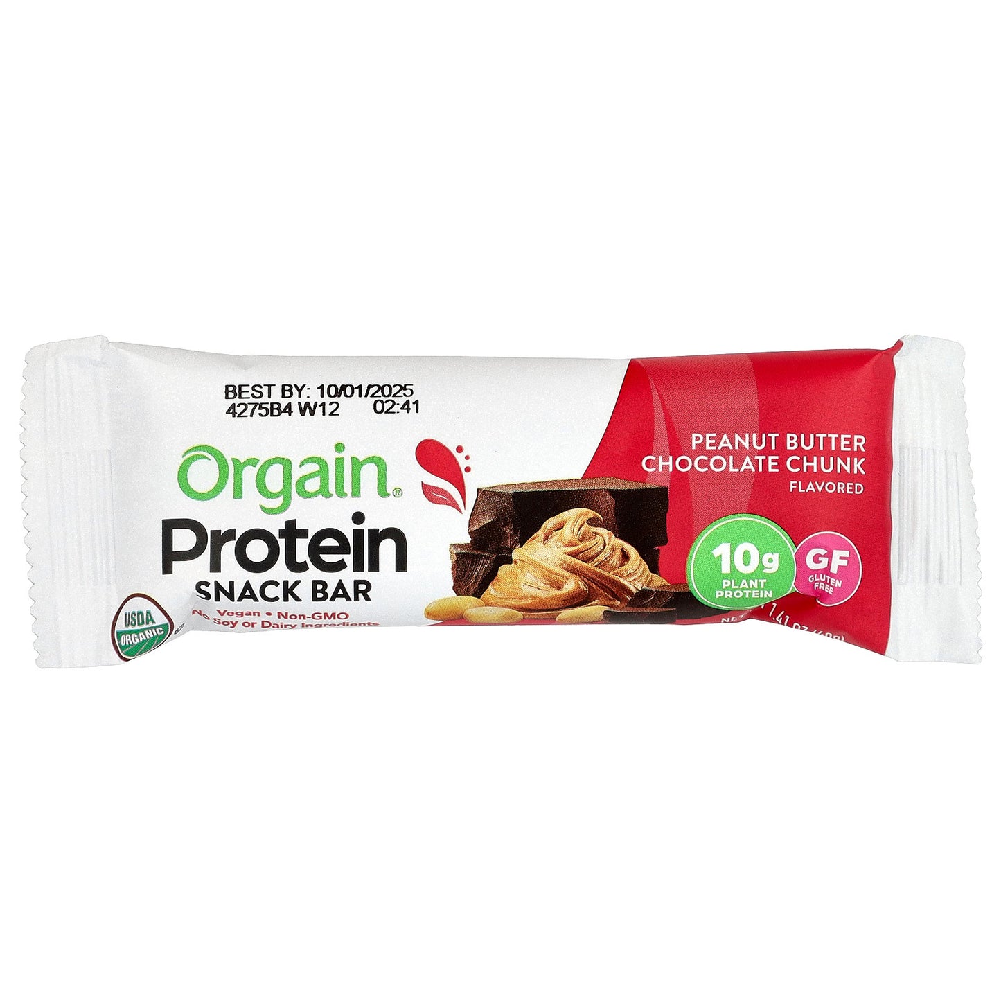 Orgain, Organic Plant-Based Protein Snack Bar, Peanut Butter Chocolate Chunk, 12 Bars, 1.41 oz (40 g) Each