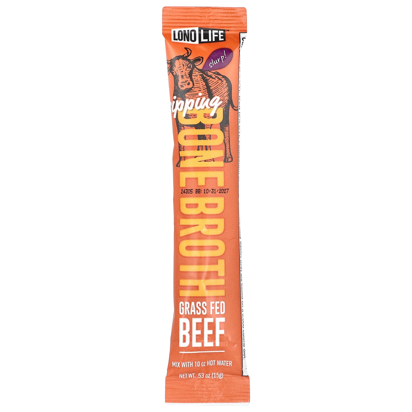 Lonolife, Sipping Bone Broth, Grass Fed Beef, 4 Single Serve Stick Packs, 0.53 oz (15 g) Each