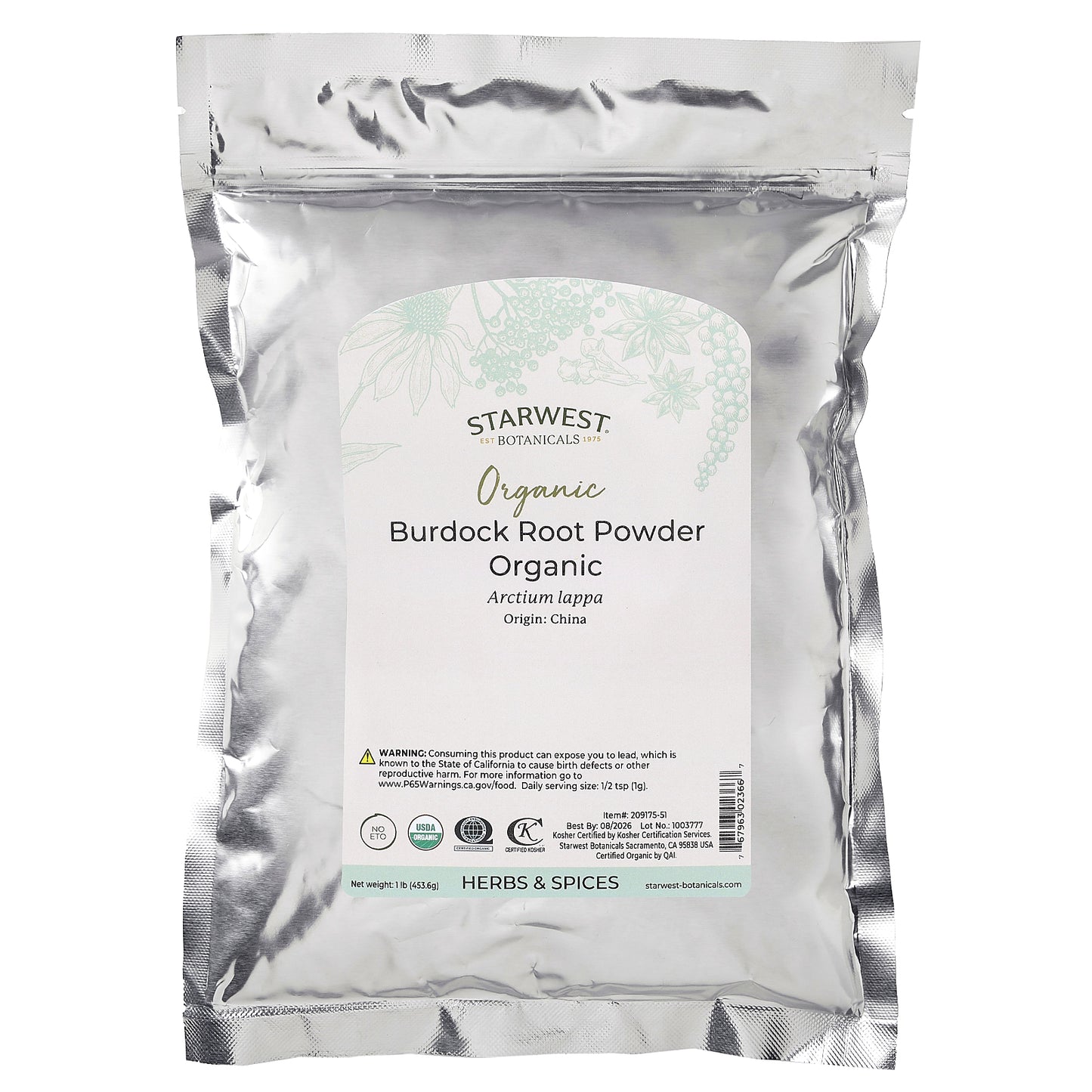 Starwest Botanicals, Organic Burdock Root Powder , 1 lb (453.6 g)