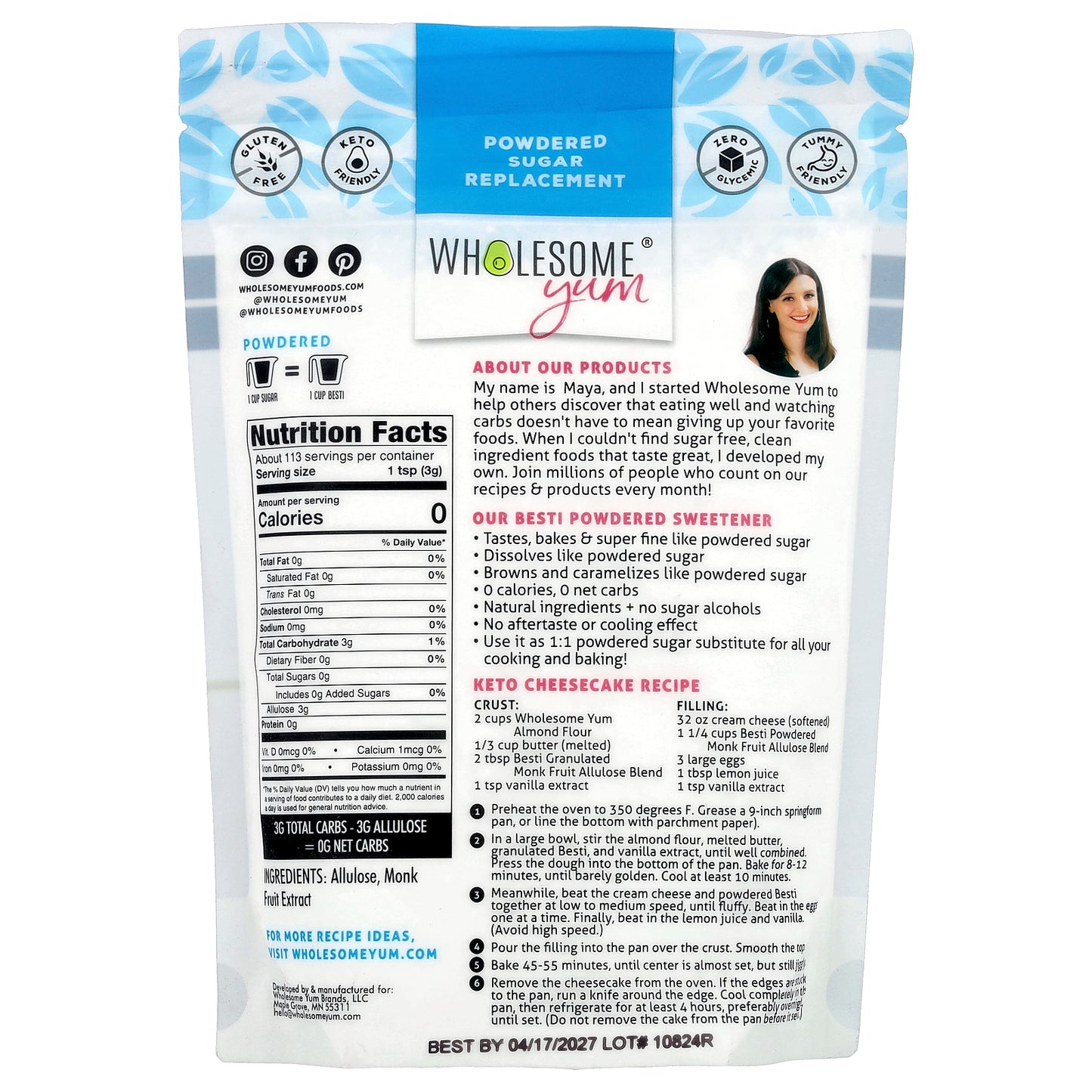 Wholesome Yum, Besti, Powdered Sugar Replacement, Monk Fruit Allulose Blend, 12 oz (340 g)